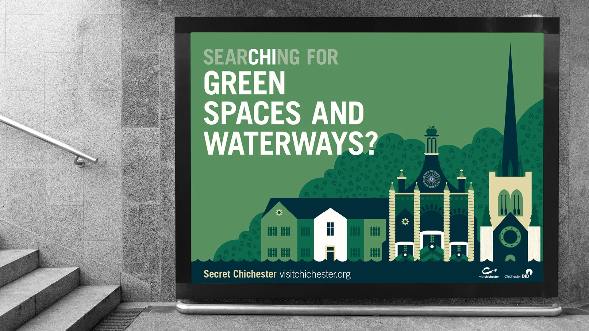 Secret Chichester design and illustration for tourism campaign including billboards and large scale advertising