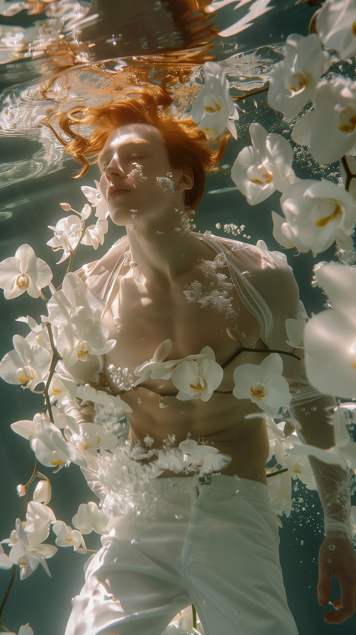 Submerged in a tranquil underwater world, amidst the ethereal dance of orchids, he emerges as a sublime fusion of elegance and fluidity, embodying the harmony of nature's depths.
 #aiphotography #Photography #AI #AIPhotoArt #aicommunity #aiartcoummun