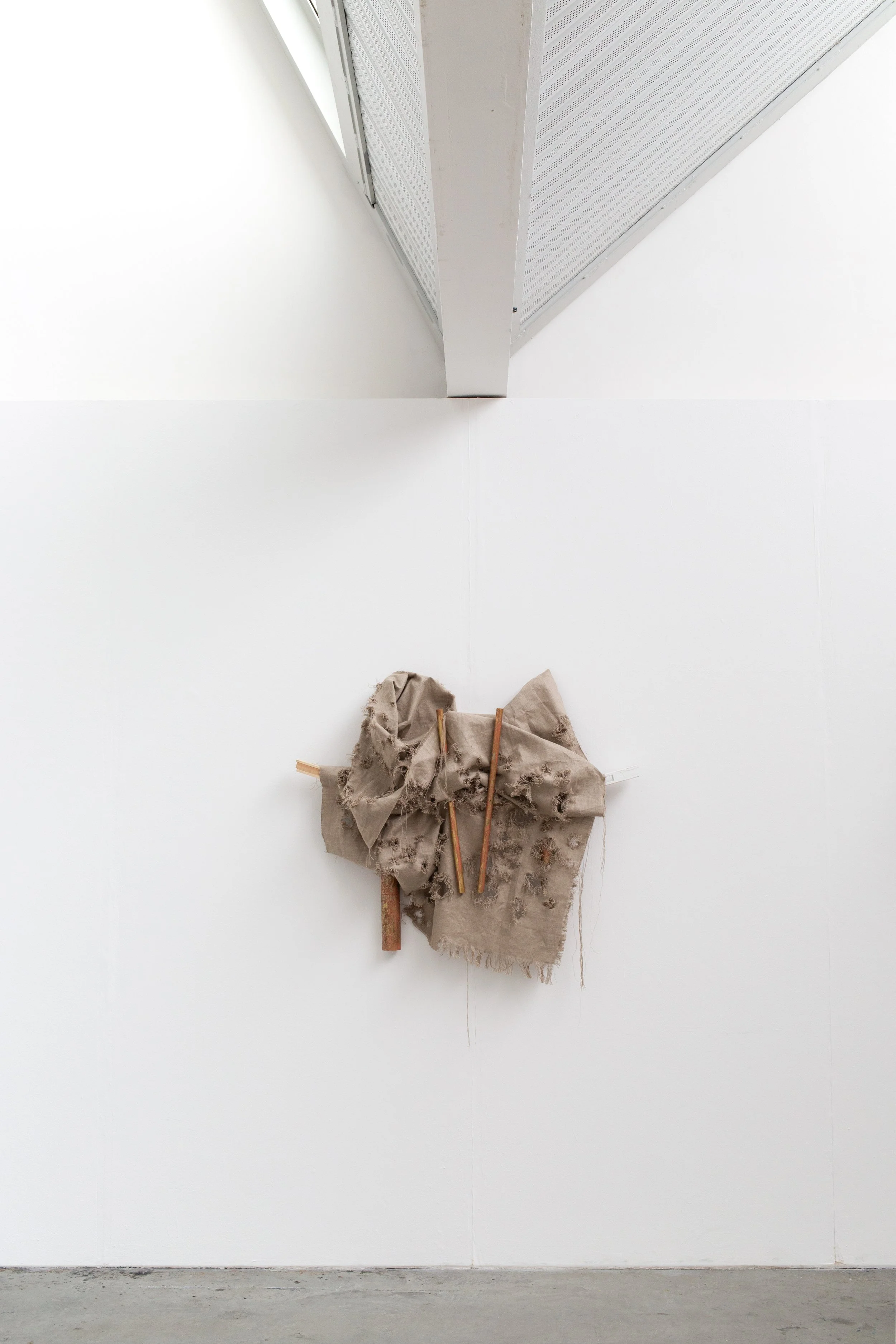   Tread the Beam , 2022, Linen and brass on wood, 117cm x 103cm x 23cm. 