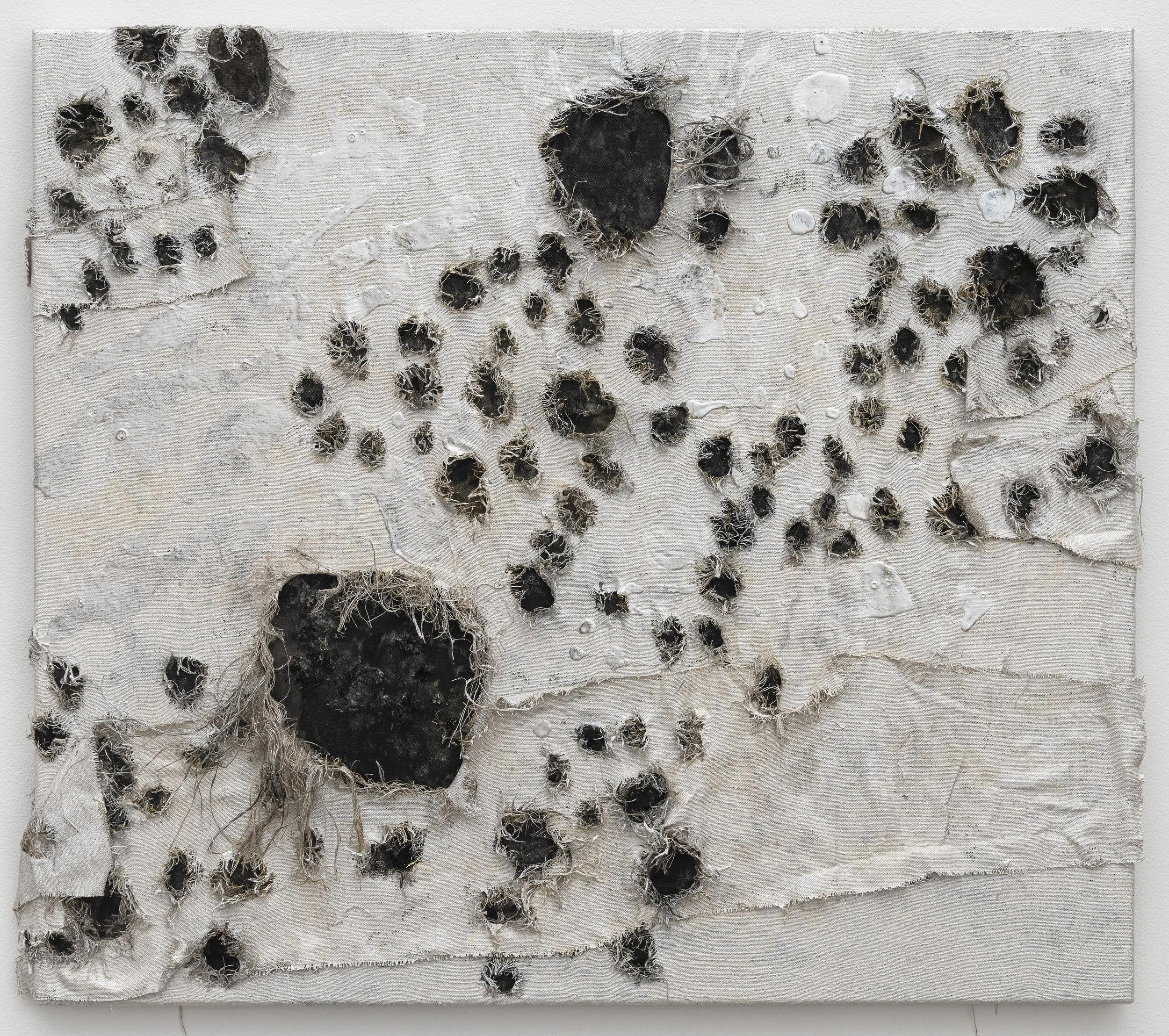   Fledgling Floater , 2023, Muslin, dye, linen and mixed media on linen, 80cm x 90cm. 