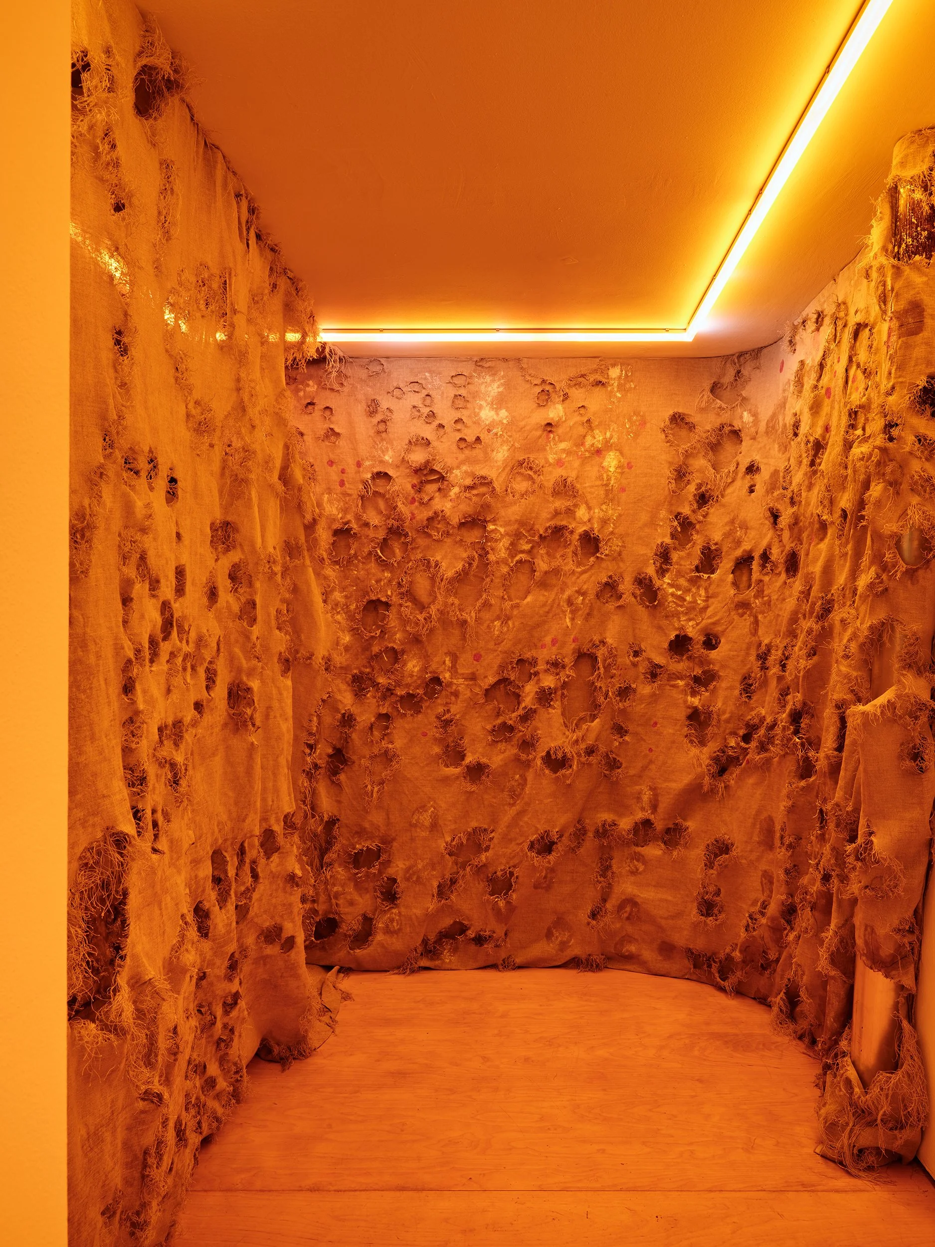   A. Passage , (installation), 2023, Linen, mixed media, ink, acrylic, printing ground on aluminium, pins, LED light and coloured gel. Accompanied by a three track soundscape accessible via QR code, 192cm x 210cm room (90cm passage) x 230cm. 