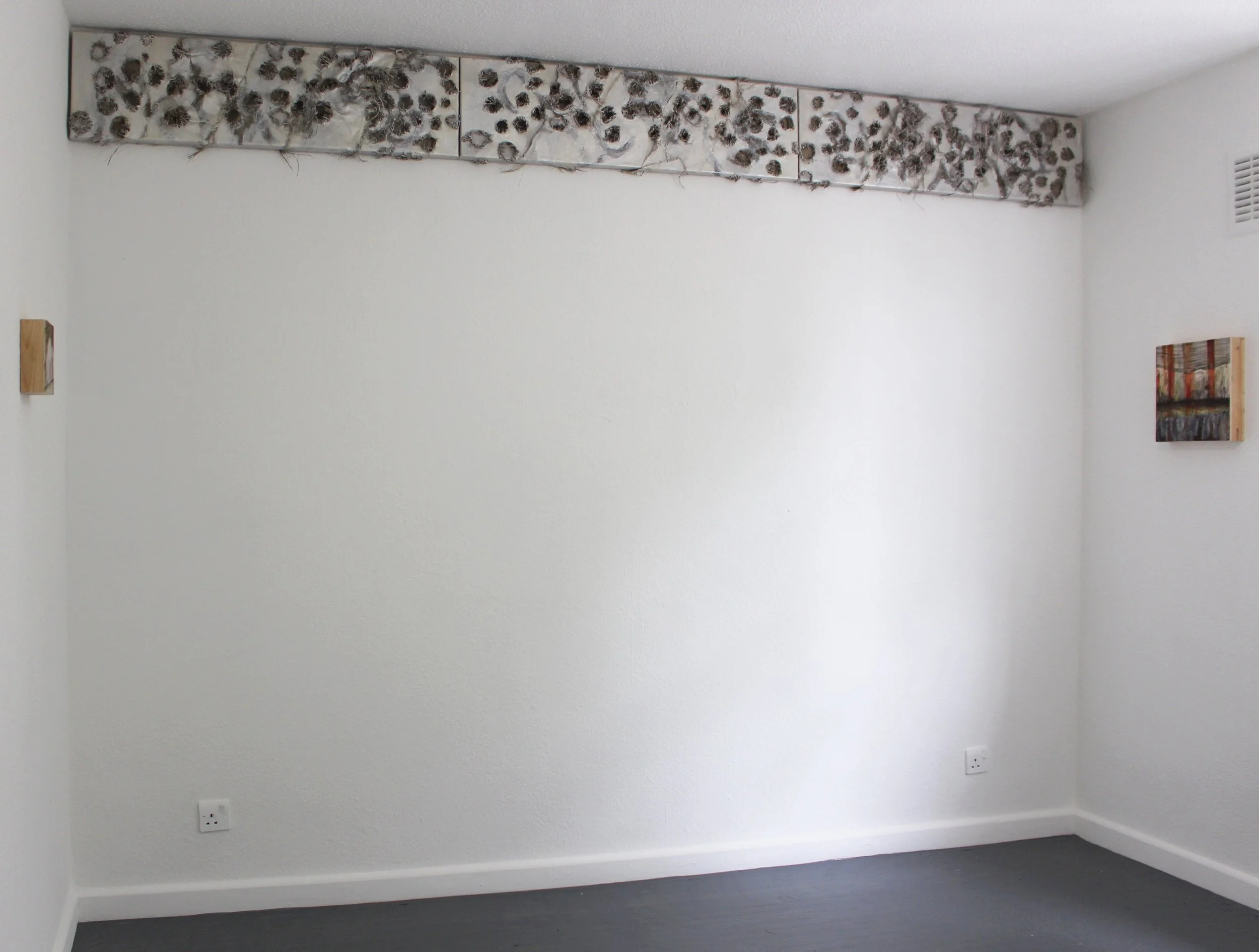   Coiling I, Coiling II, Coiling III , 2024, Mixed media on linen, 30cm x 110cm (each) - (Installation view of ‘Painting at the moment’ at 0207 Gallery alongside the work of Yuecen Wang).  