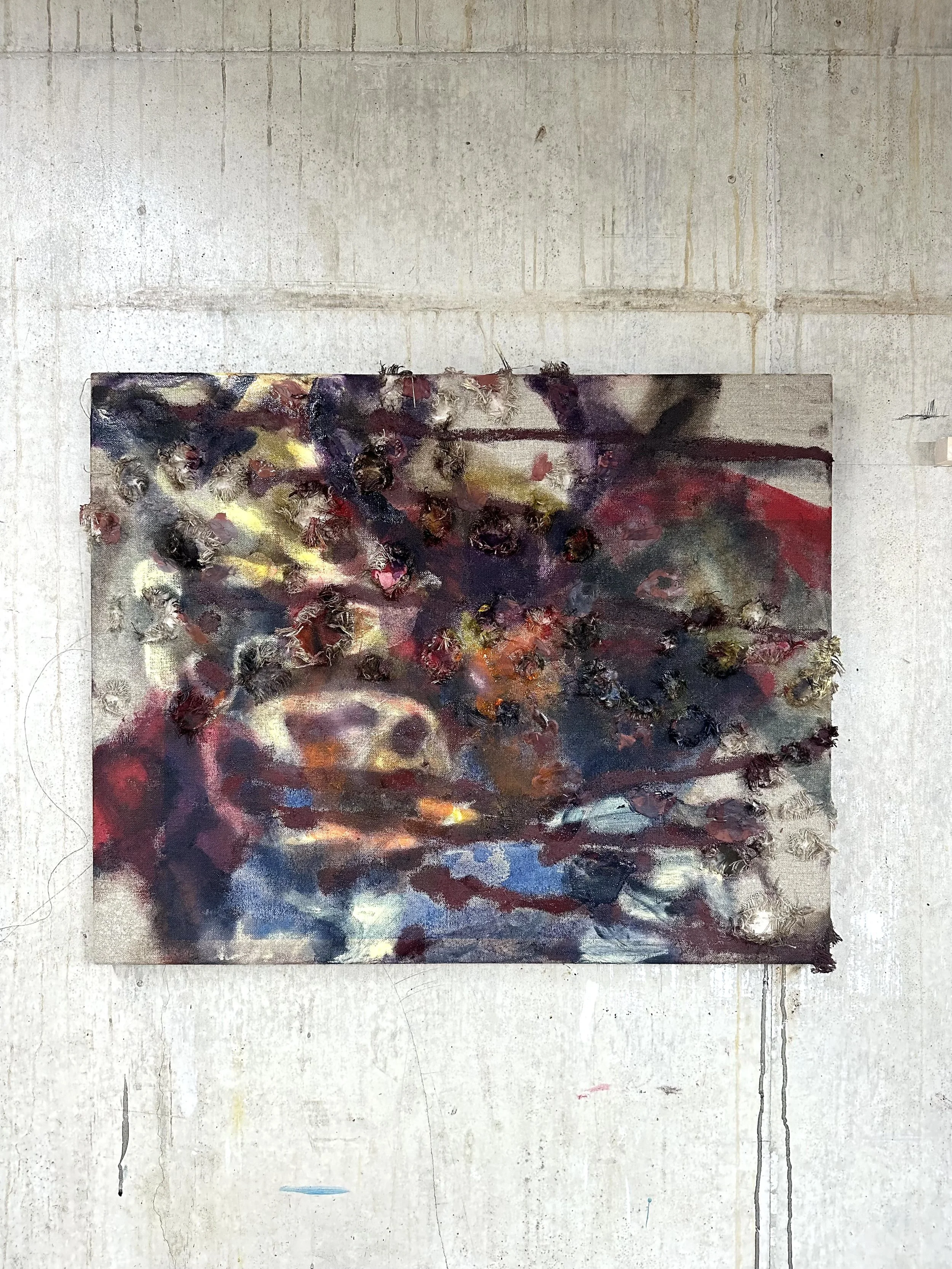   Umpire , 2023, Wax, oil pastel, acrylic and oil on cotton and linen, 60cm x 75cm. 