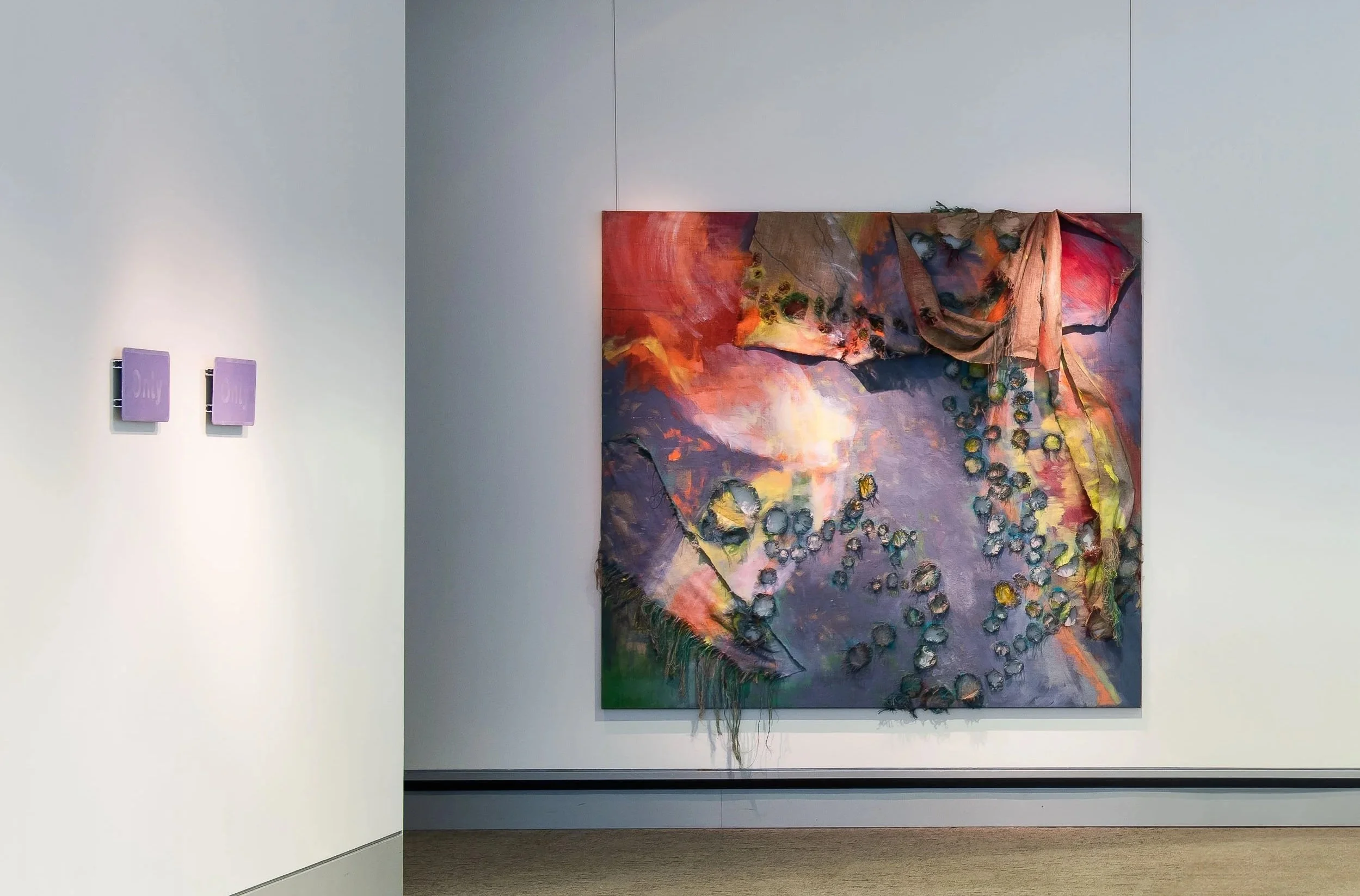   Confer , 2025, Ink, acrylic, oil and linen appliqué on linen, 185cm x 200cm - (Installation view of ‘Aleph’, Redeye x HSBC, London alongside the work of Unyimeabasi Udoh). 