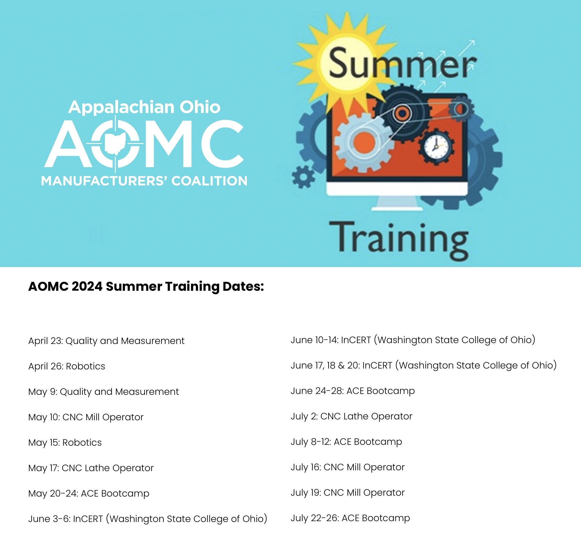 BIG NEWS! Our 2024 Summer Training Schedule has just been released.

Whether you&rsquo;re searching for a job, seeking additional training or determining your next step, AOMC is helping prepare new and experienced workers for top manufacturing facili