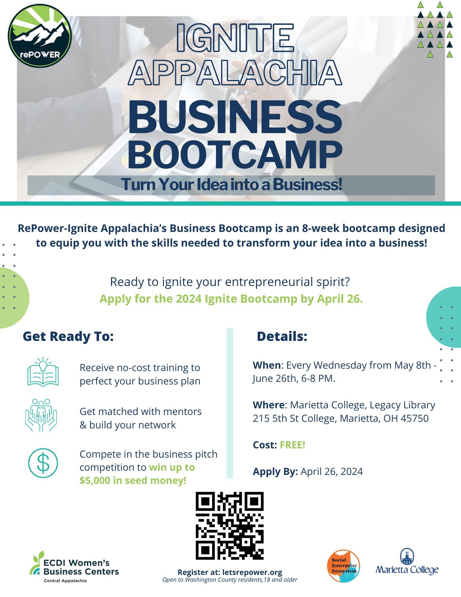 The 2024 Ignite Bootcamp is a chance for you to learn the skills you need to turn your idea into a viable business. This eight-week bootcamp will teach valuable skills, match participants with mentors, and culminate in a business pitch competition wi