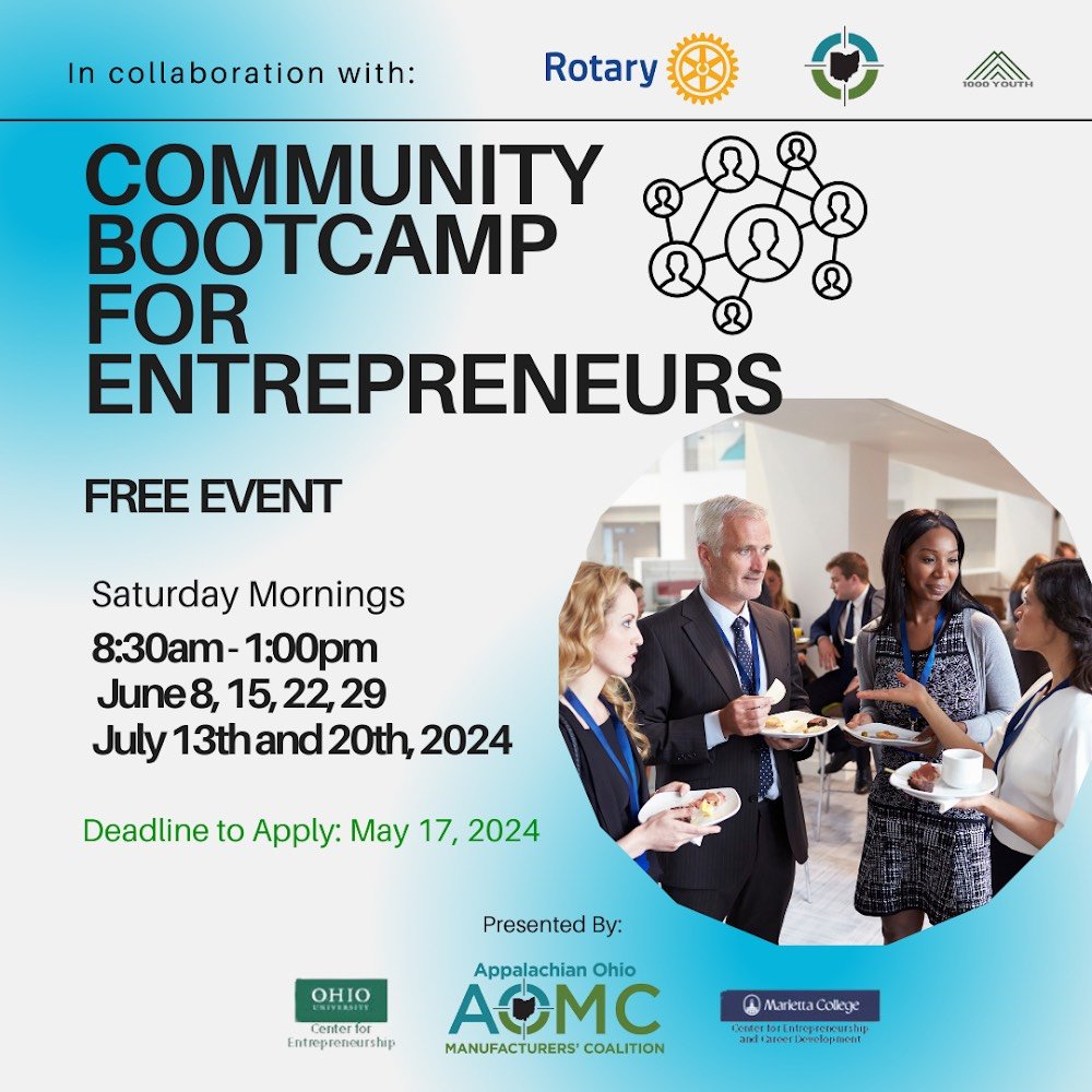 Register by May 17 online:

https://www.ohio.edu/entrepreneurship/launch-business/southeast-ohio-community-entrepreneurship-program

#AOMC #GrowAppalachia #BusinessBootcamp #Entrepreneur