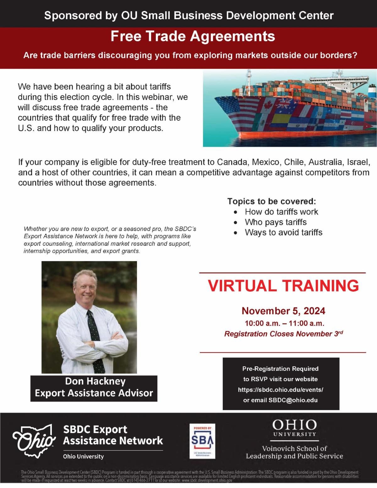 Free Trade Agreements webinar on November 5, 2024
Are trade barriers discouraging you from exploring markets outside our borders?

Register here: 
https://lp.constantcontactpages.com/ev/reg/xf8ehs8?source_id=abafdc25-f9c2-4201-a55d-e5c574f3f6e0&amp;s