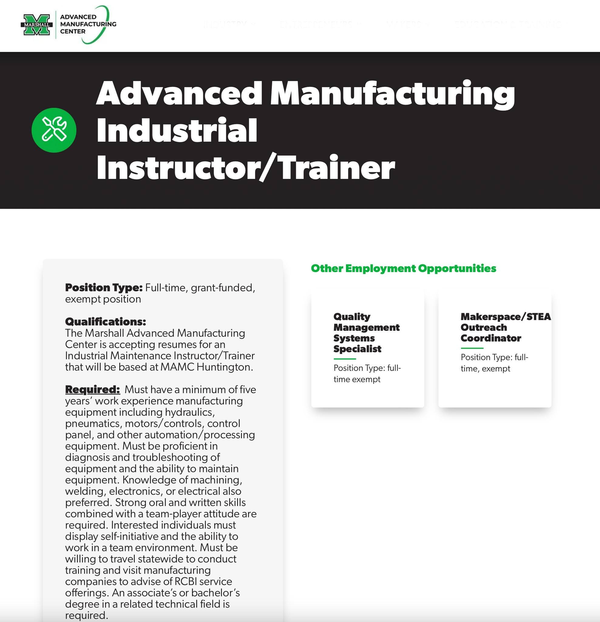 @marshallumfg is accepting resumes for an Industrial Maintenance Instructor/Trainer that will be based at MAMC Huntington.
Learn more:
https://www.mfg.marshall.edu/employment/advanced-manufacturing-industrial-instructor-trainer/