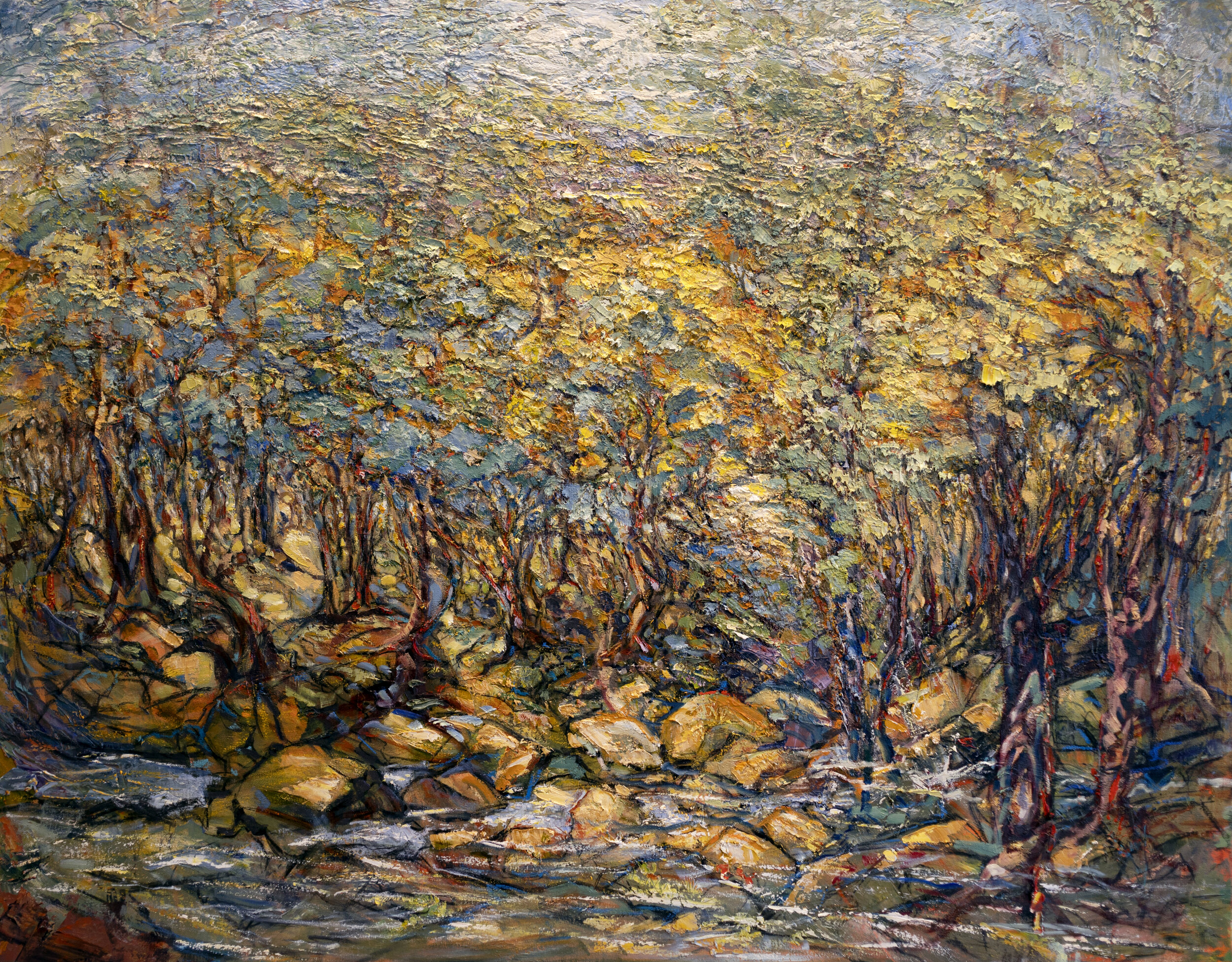   SOLD    Trees, Rocks,and Water   Oil on canvas  48” x60”  Private collection 