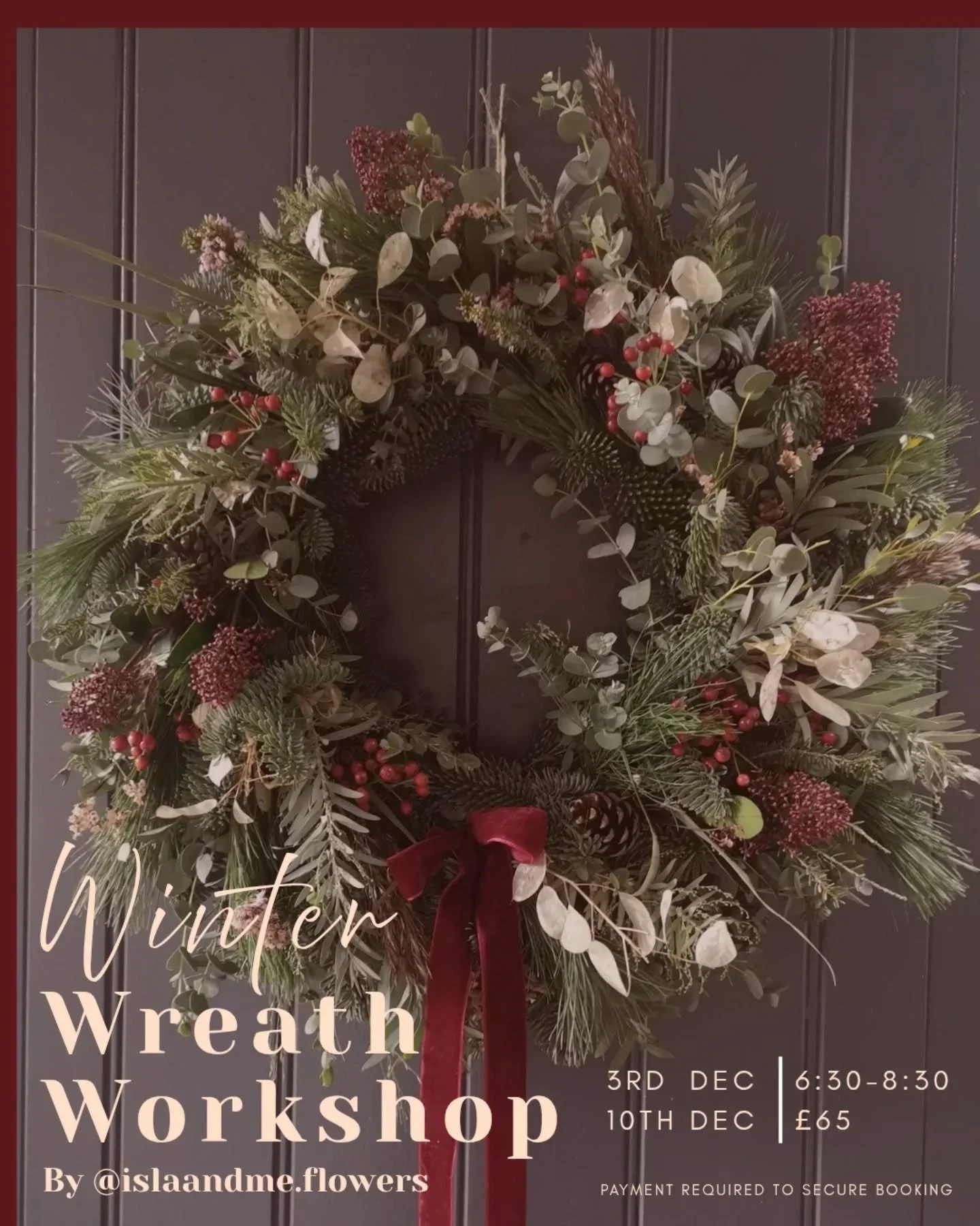 Spend an evening creating a beautiful festive door wreath for your door with @islaandme.flowers
The wreath is created on a mossed frame using a selection of different winter foliages, spruce ,berries, cones and seasonal textures and finished with a s