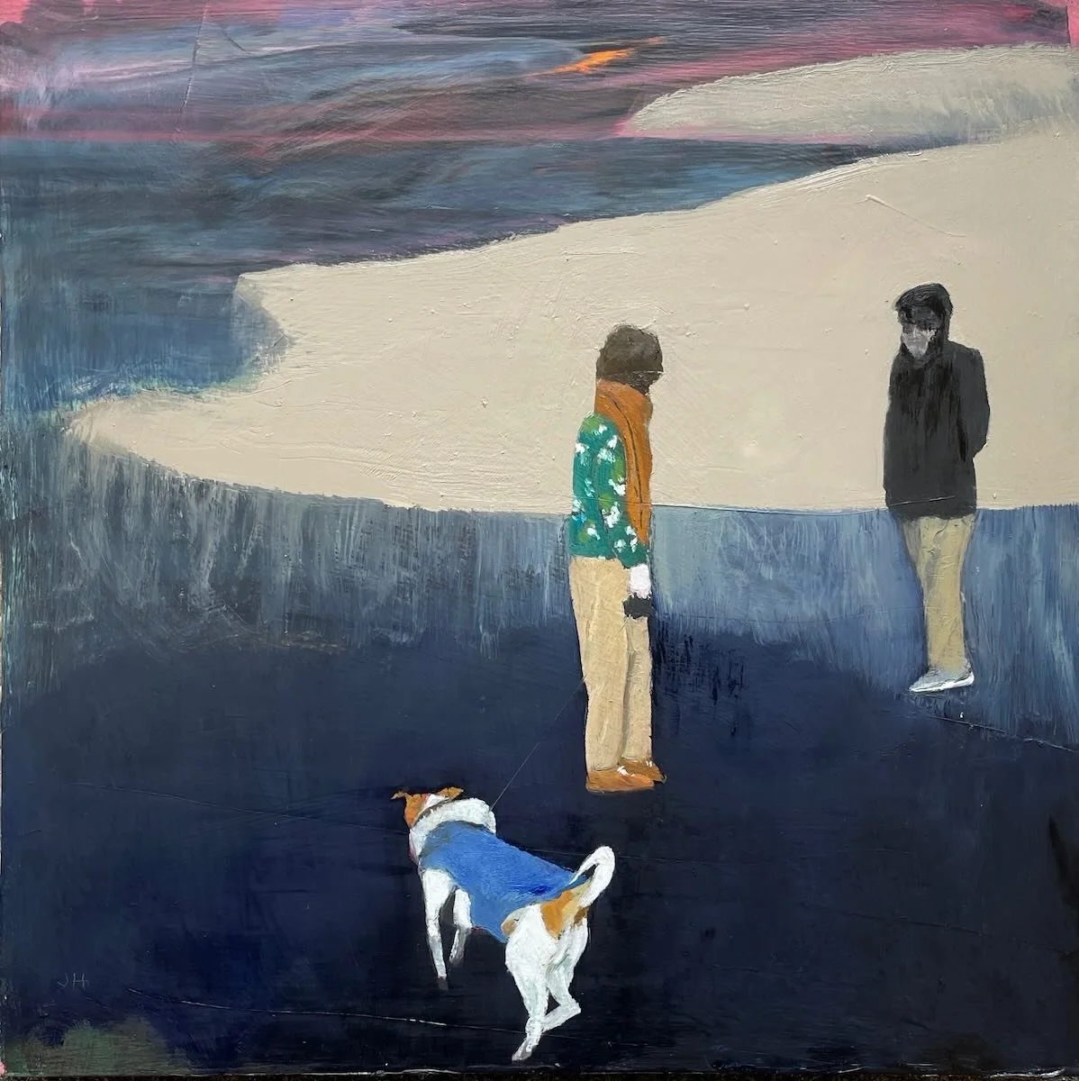 This painting is about the tender loves that keep us on the earth. The landscape, the figures, the composition, the color all embody a love that&nbsp;&nbsp;is not just rosy and easy but rose and deep, dark blue in tone. Each figure moves in their own