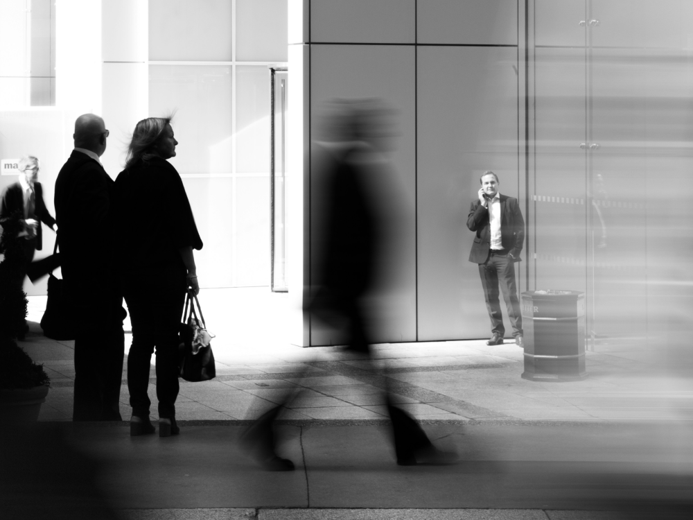 Trader outside building