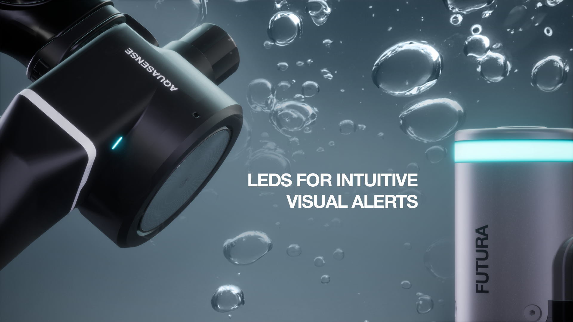 A futuristic device with LED indicators and the words "LEDS FOR INTUITIVE VISUAL ALERTS" displayed, surrounded by water bubbles with a dark background.