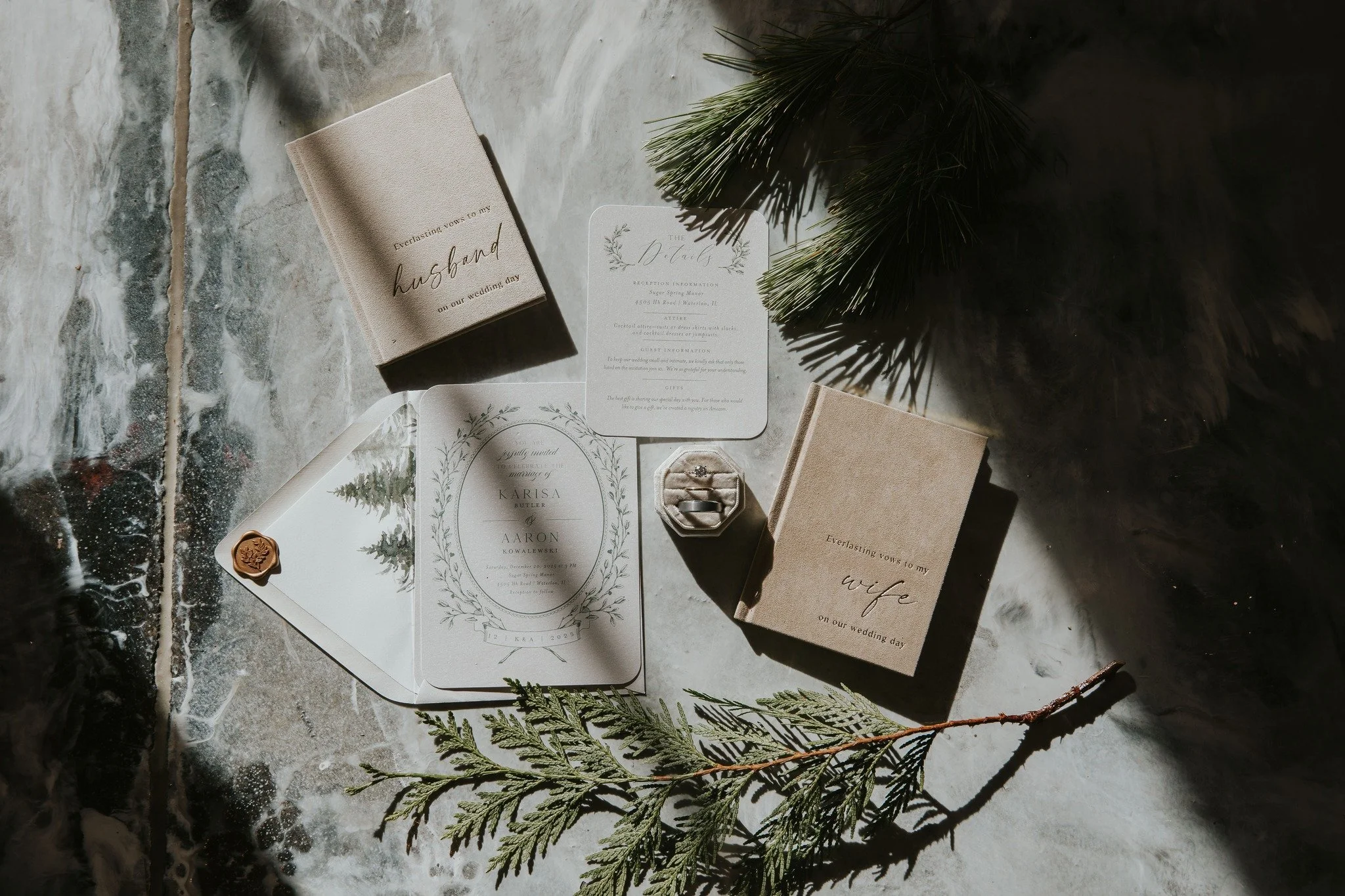 Evergreen vows, forever love🌿 big fan of shadows on a gorgeous floor for detail shots.
Venue: @sugarspringmanor 
.
#weddingphotographer #christmaswedding #missouriweddingphotographer #stlouisweddingphotographer #microwedding #stlouiswedding #illinoi