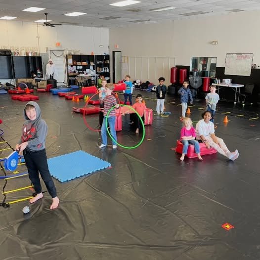 Children participating in indoor activities in a gym or therapy room, with equipment like hoops, cones, mats, and seating, supervised by an adult.