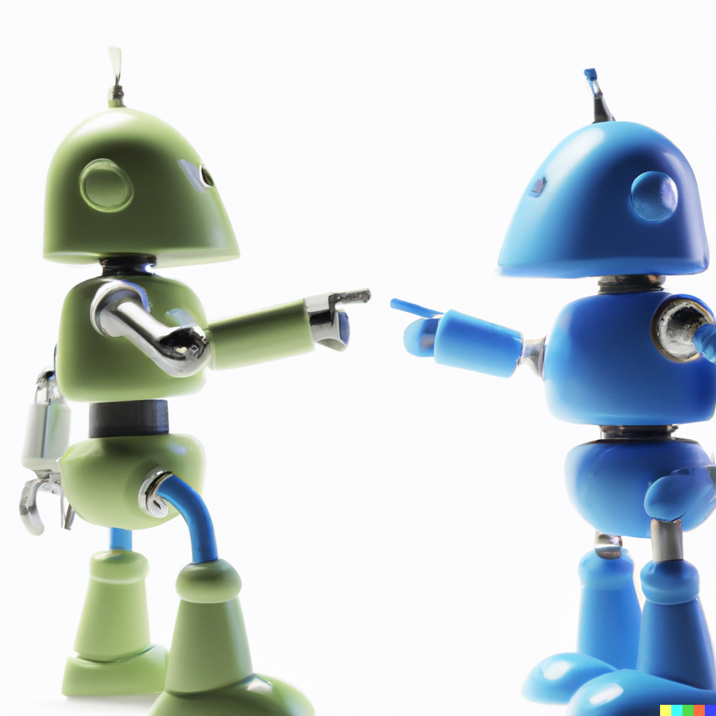 Two robots pointing at each other