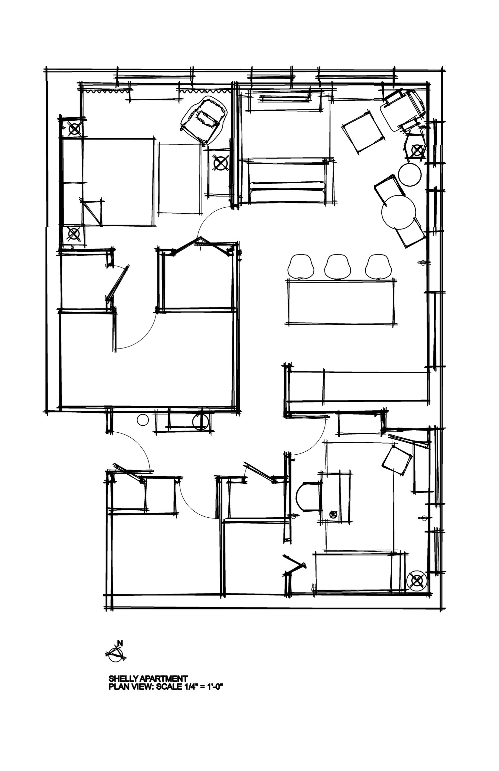 Elevations of the living room showing the TV area, and kitchen / dining area.