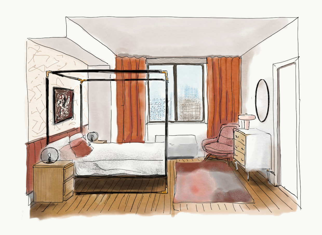 Ink-wash conceptual drawing of the living area, presented during the design phase. The sofa is a sleeper sofa to provide space for guests, as the second bedroom in this apartment was utilized as an art studio.