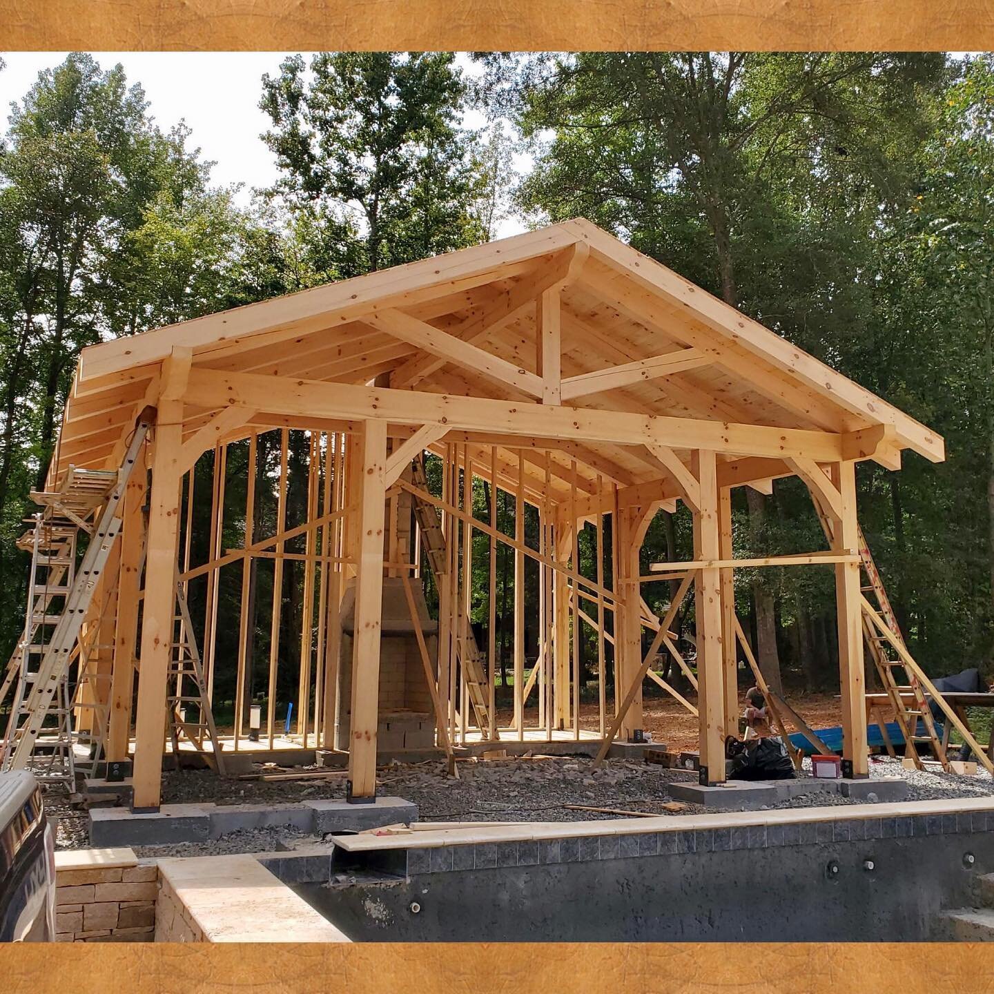 This beautiful timber frame pool house/pavilion is going up near Charlotte, NC. Once the design was completed and timbers were delivered, this structure was erected in 3 days. What an extraordinary feature for this homeowner&rsquo;s yard! 
&bull;
&bu