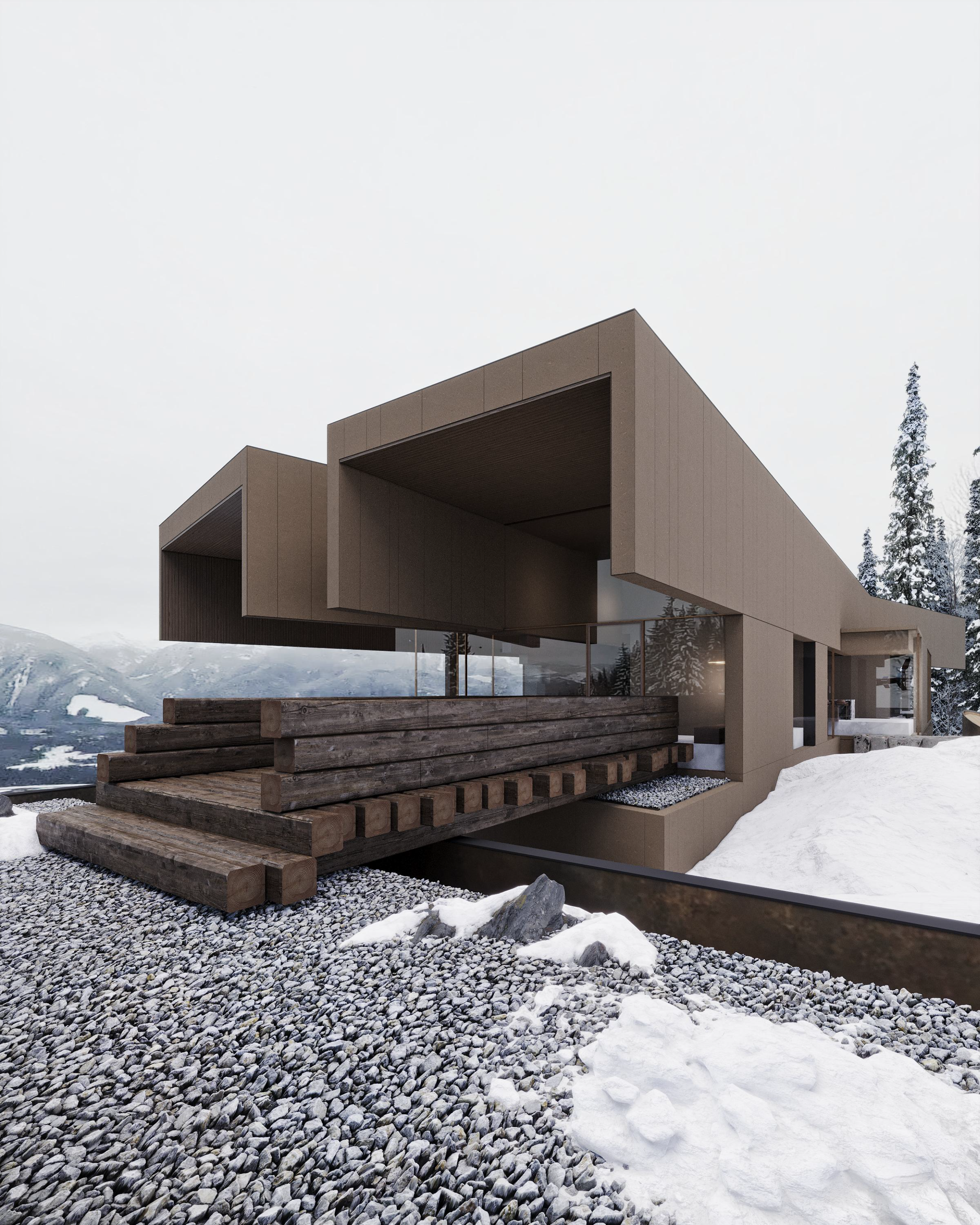 Modern architectural house with angular design, large overhangs, situated in snowy mountainous landscape with trees.