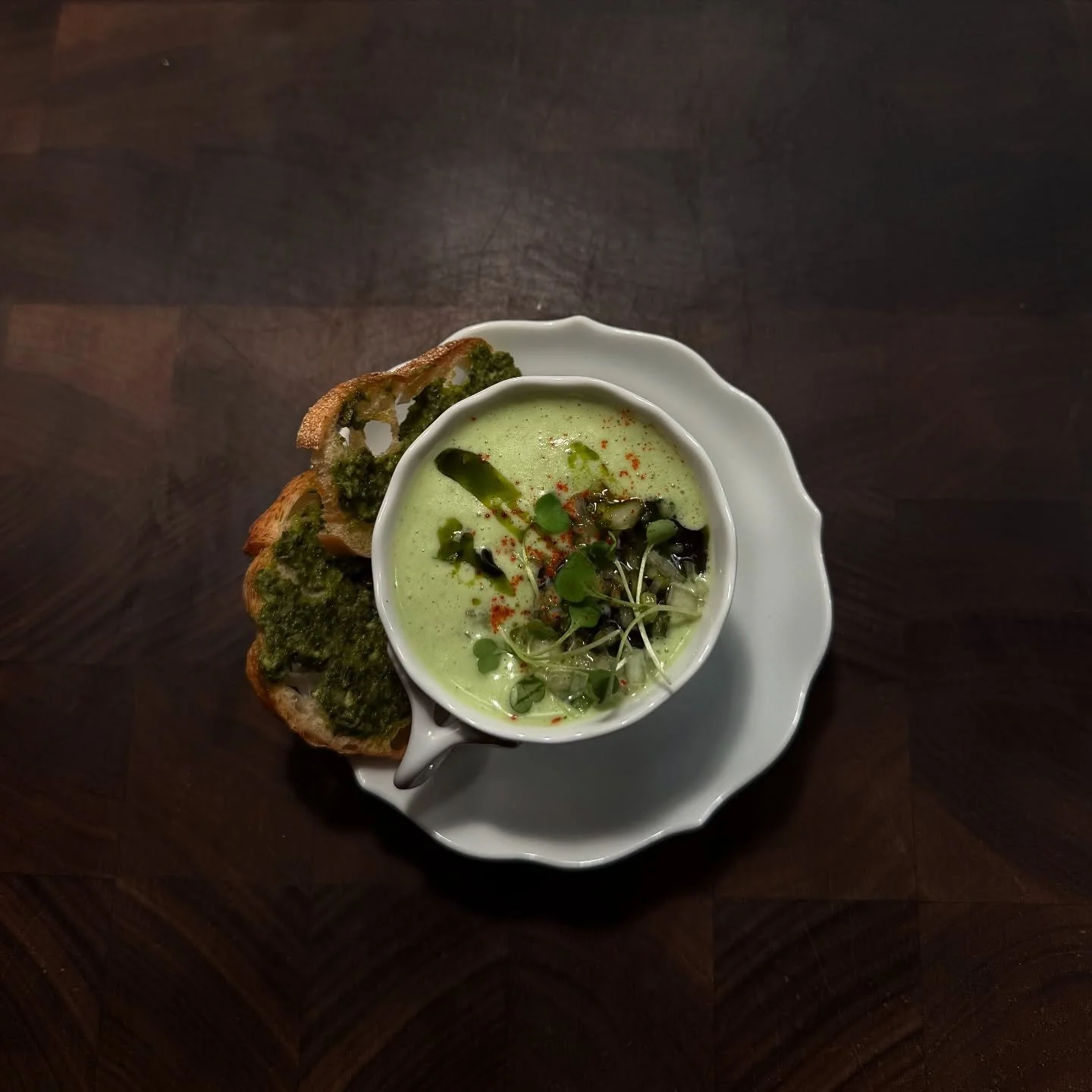 One of our favorite bites from this year, featured on our five-course fall wine dinner menu. Chilled gazpacho &amp; pesto crouton &mdash;&mdash; honey, cucumber, greek yogurt, shallots

If you&rsquo;d like to experience our last five-course dinner of