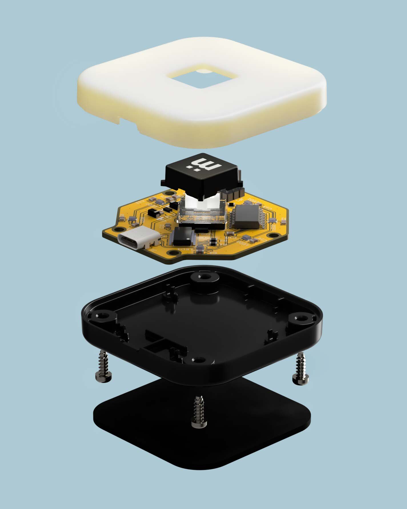 Exploded view of mutesync product render. Used as a visual aid for assembly documentation during production.
