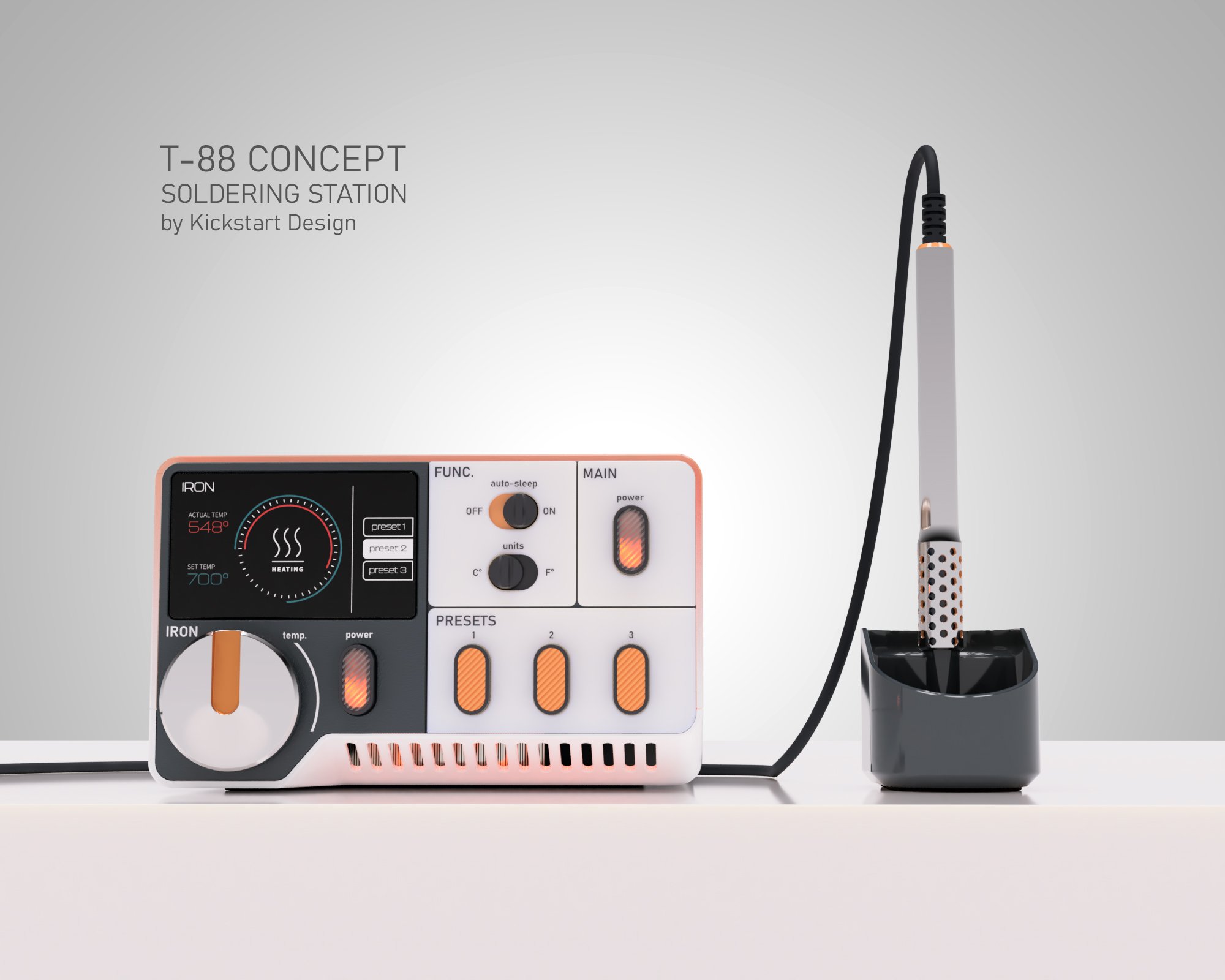 T-88 Concept Soldering Station by Kickstart Design. Featuring a large OLED display capable of conveying more information, rotary encoder temperature dial, status indicating LED toggle switches, presets, auto-sleep, control/data output/input, and a sm