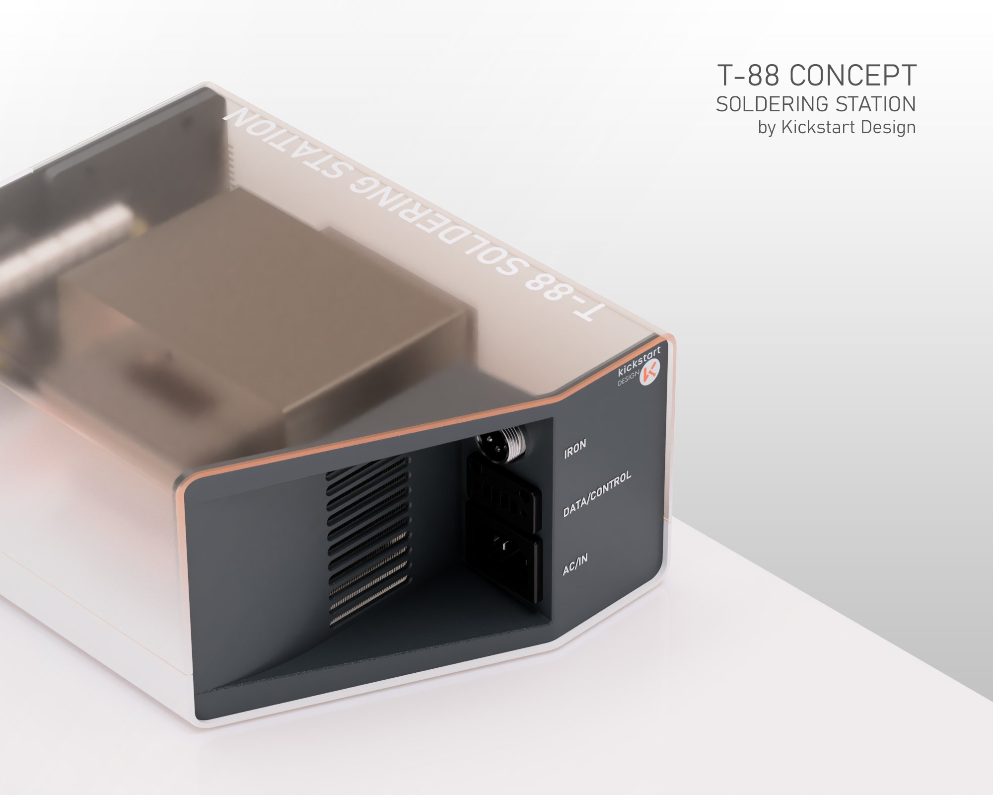 T-88 Concept Soldering Station by Kickstart Design. Featuring a large OLED display capable of conveying more information, rotary encoder temperature dial, status indicating LED toggle switches, presets, auto-sleep, control/data output/input, and a sm