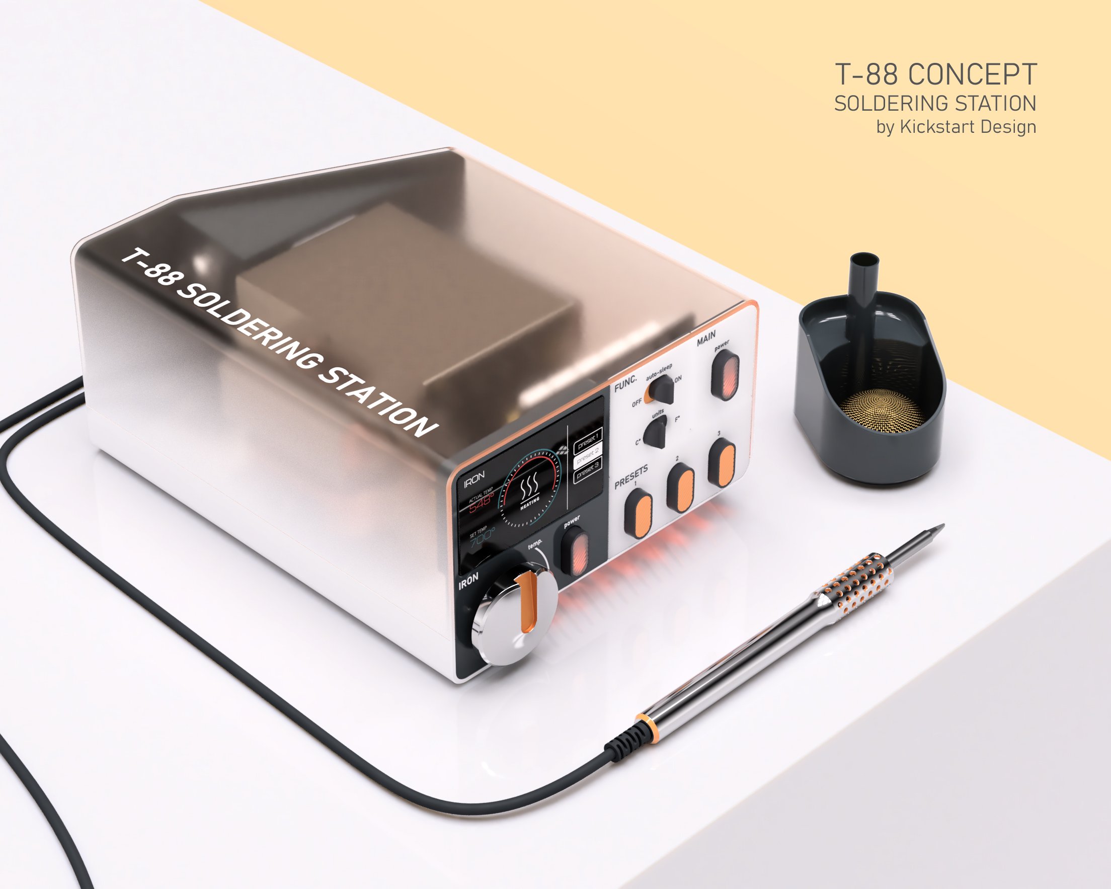 T-88 Concept Soldering Station by Kickstart Design. Featuring a large OLED display capable of conveying more information, rotary encoder temperature dial, status indicating LED toggle switches, presets, auto-sleep, control/data output/input, and a sm