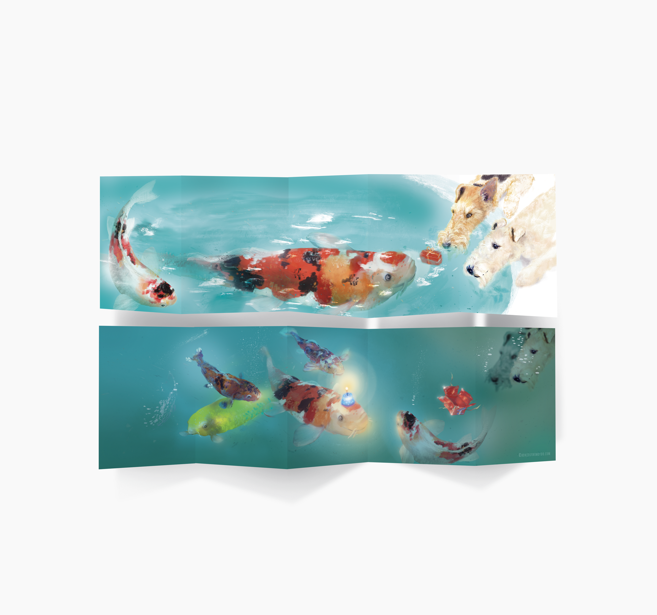 Koi Happy Birthday Storytelling Greeting Car Cover. Tell your story on both sides of this illustrated card and send a special gift to someone special