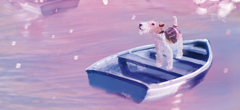 A dog standing in a small boat on calm water during sunset with pink and purple hues.