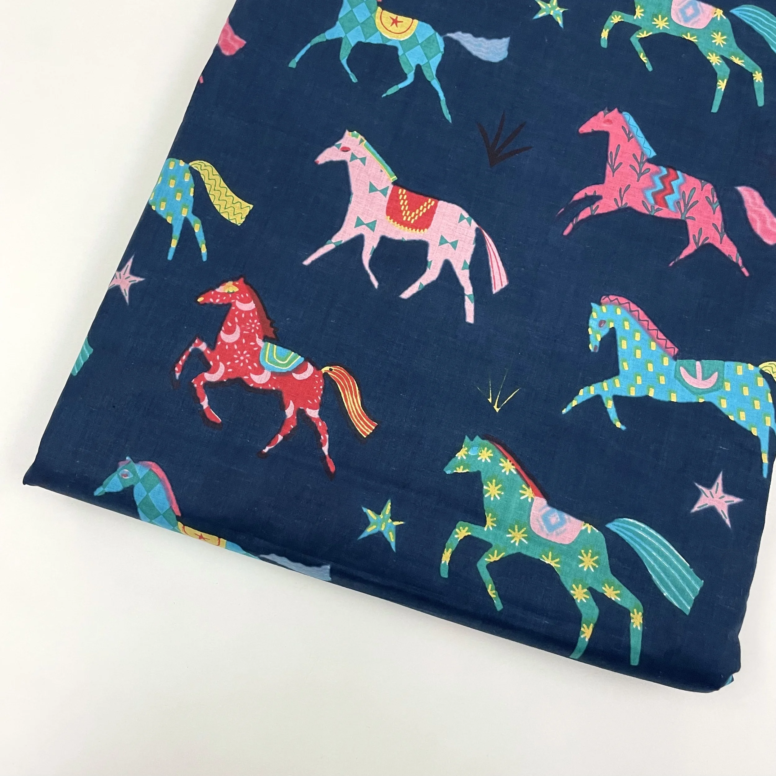 Hey Sew Sister - Year of the Horse - Multicoloured Horse on Navy Background Screen Printed Cotton Fabric 1.jpeg