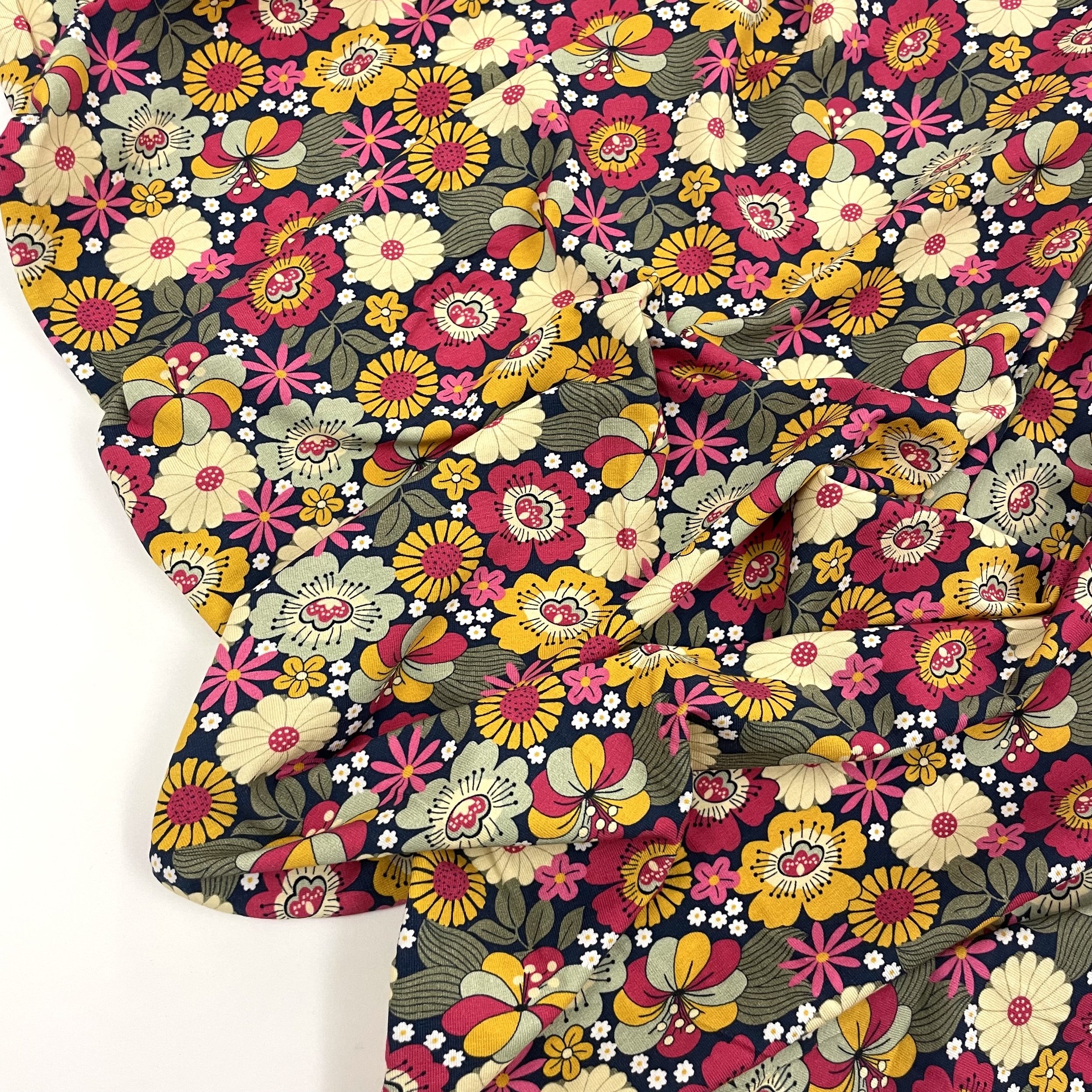 Hey Sew Sister - The Crafty Pie Autumn Winter Collection - Flower Child - Cotton Jersey - Retro Floral Print Cotton jersey fabric - Navy 2.jpeg