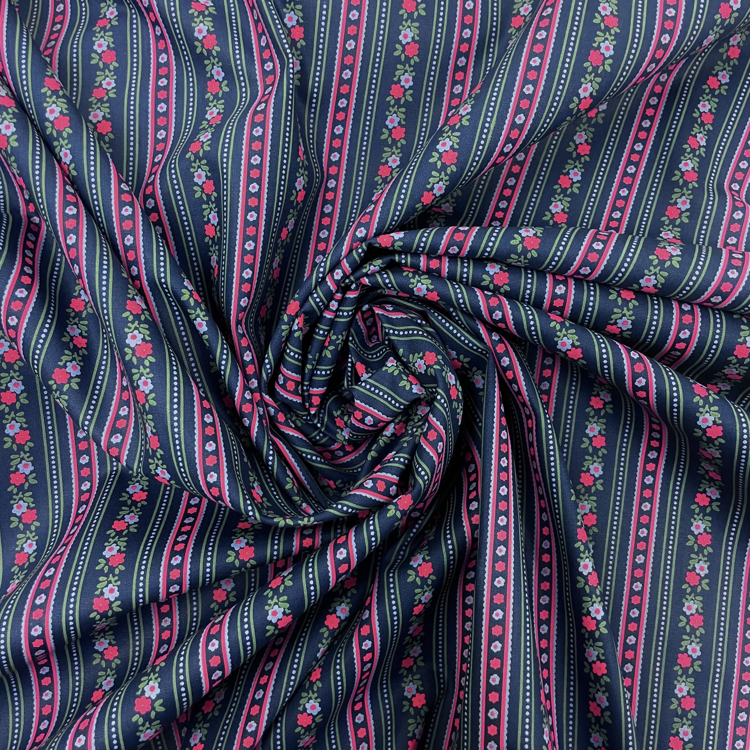 Margot - Wallpaper Floral Stripe Print Cotton Poplin Fabric - Navy 4.jpeg