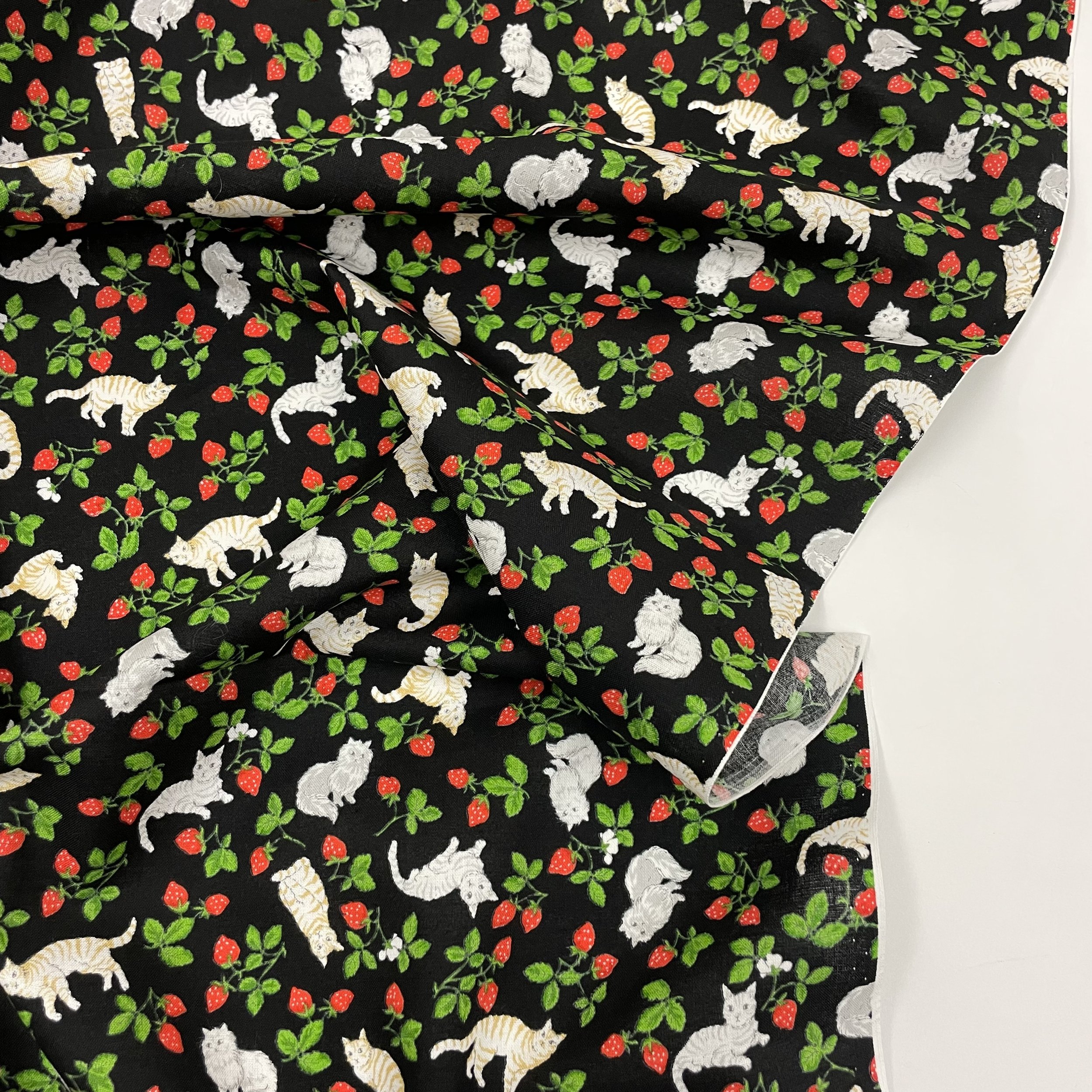 Hey Sew Sister - Strawberry Cats Printed Cotton Fabric - Black 2.jpeg