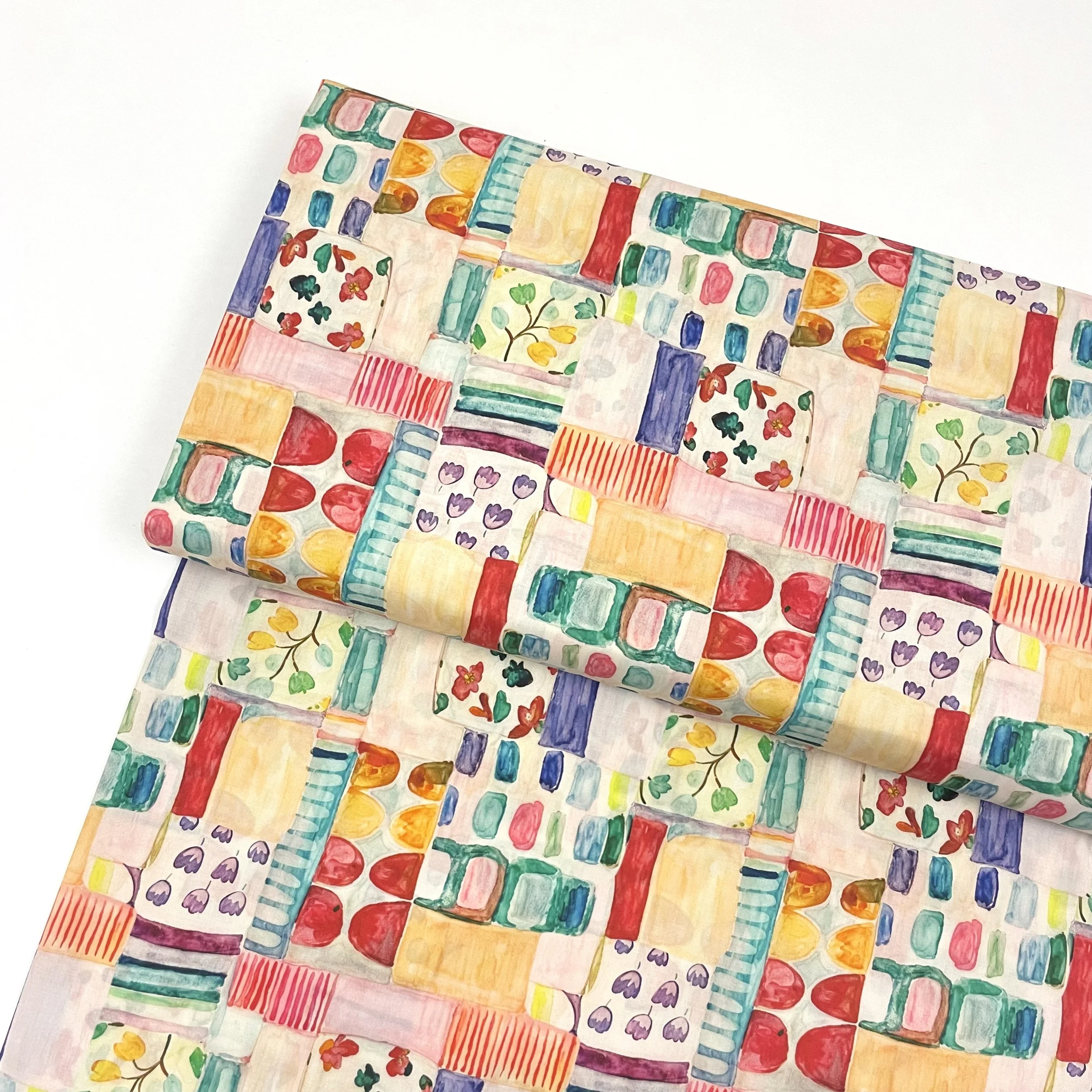 Hey Sew Sister - Cute Retro Patchwork Watercolour Print Cotton Poplin Lawn Fabric 1.jpeg