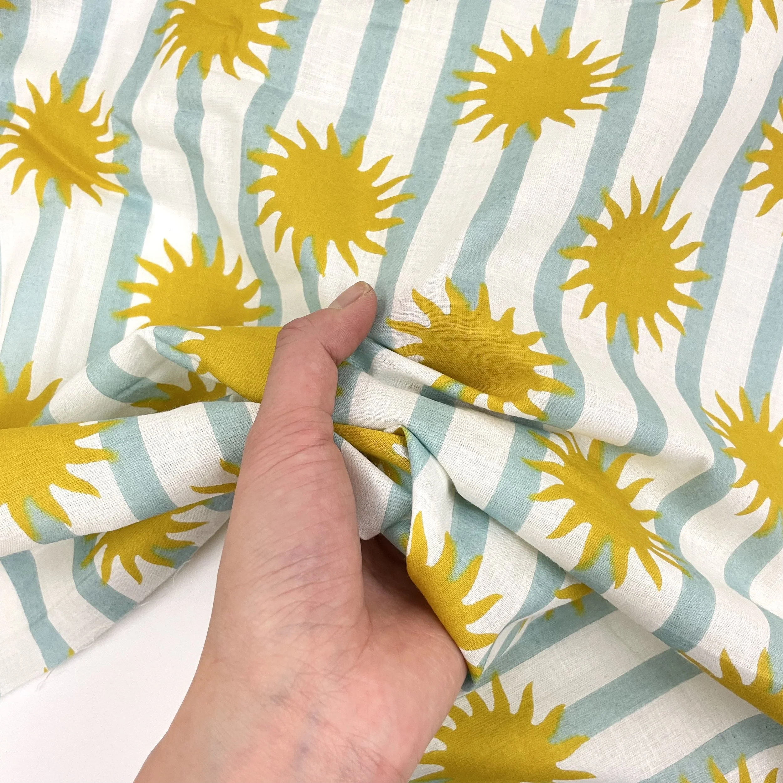 Hey Sew Sister - Hello Sunshine - Golden Yellow Suns and Blue Stripes Cotton Screen Printed Fabric 2.jpeg