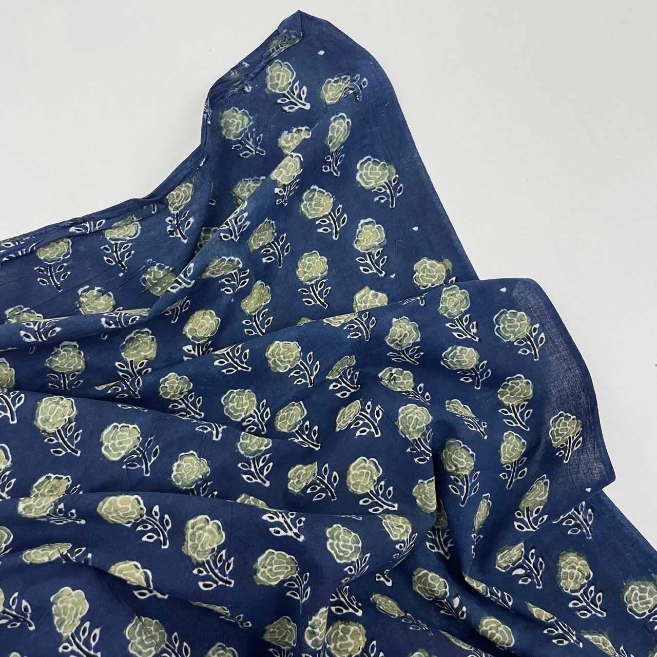 Rose Garden - Ajrakh Block Print - Lightweight Organic Cotton - Indigo & Yellow