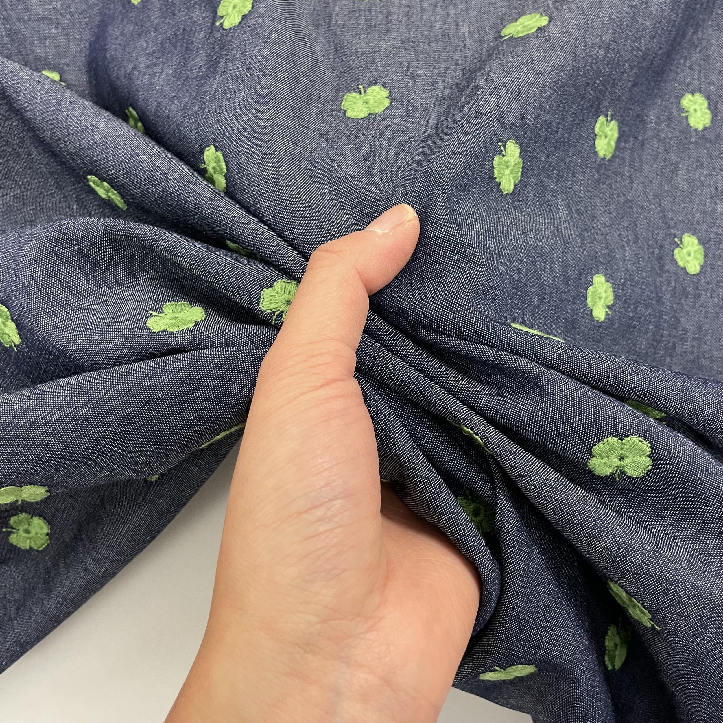 Hey Sew Sister - Lucky - Clover Embroidered Cotton Denim Chambray Fabric 3.jpeg
