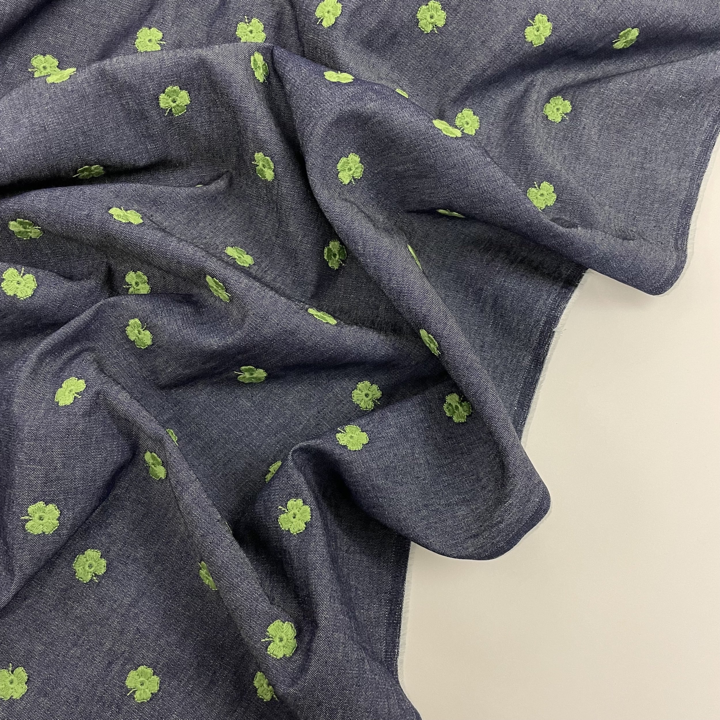 Hey Sew Sister - Lucky - Clover Embroidered Cotton Denim Chambray Fabric 2.jpeg