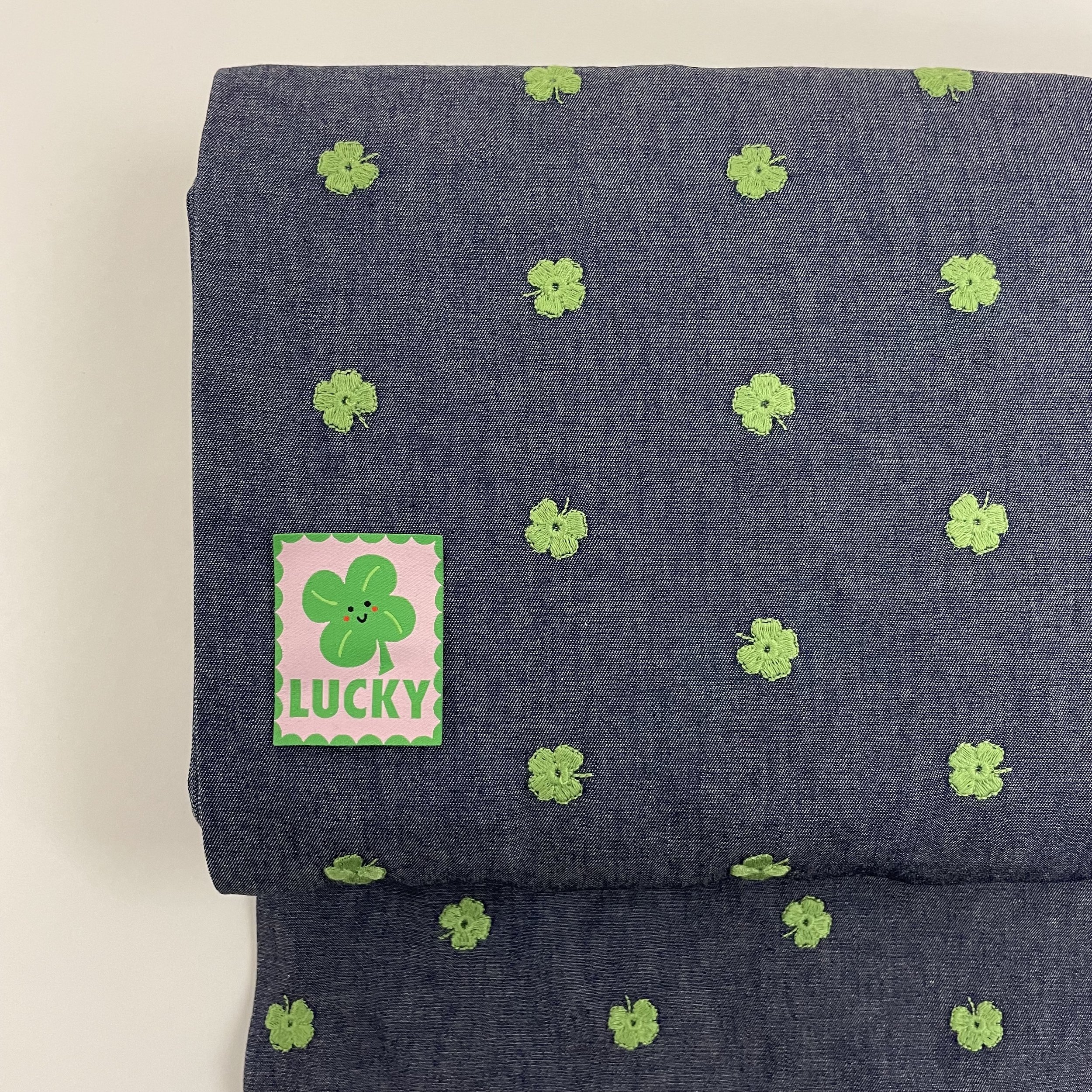 Hey Sew Sister - Lucky - Clover Embroidered Cotton Denim Chambray Fabric 4.jpeg