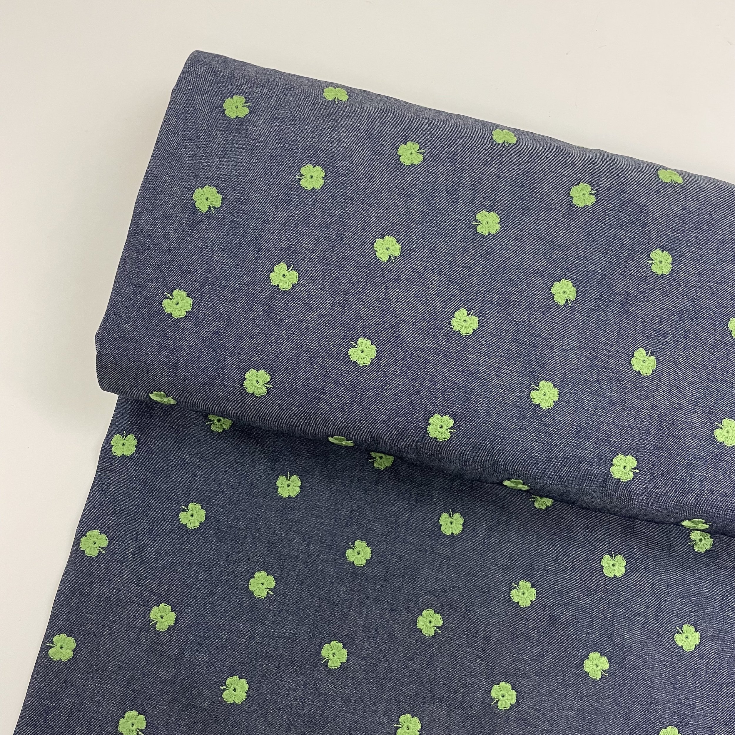 Hey Sew Sister - Lucky - Clover Embroidered Cotton Denim Chambray Fabric 1.jpeg