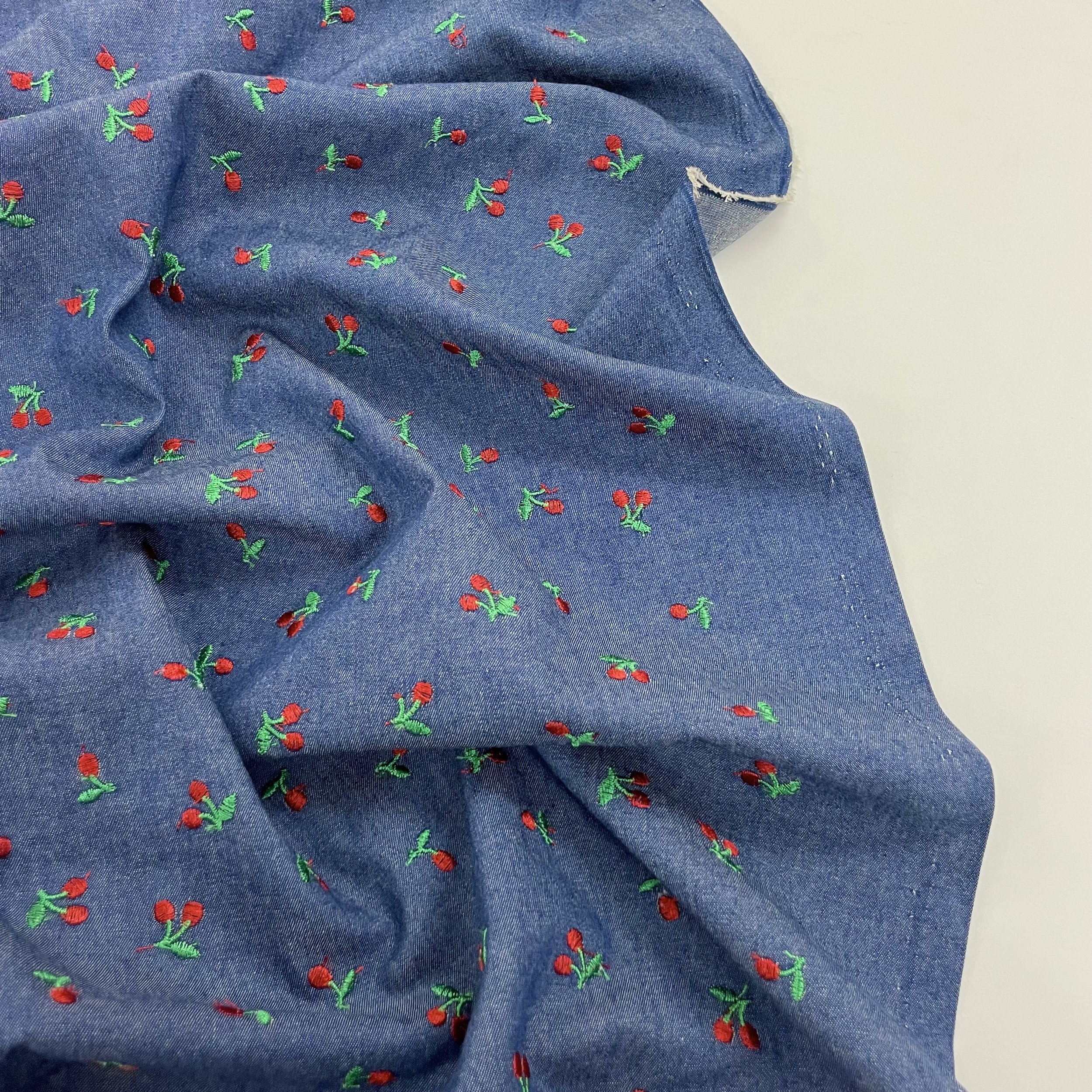 Hey Sew Sister - Sweet Cherry Chambray - Cherry Embroidered denim chambray fabric 2.jpeg