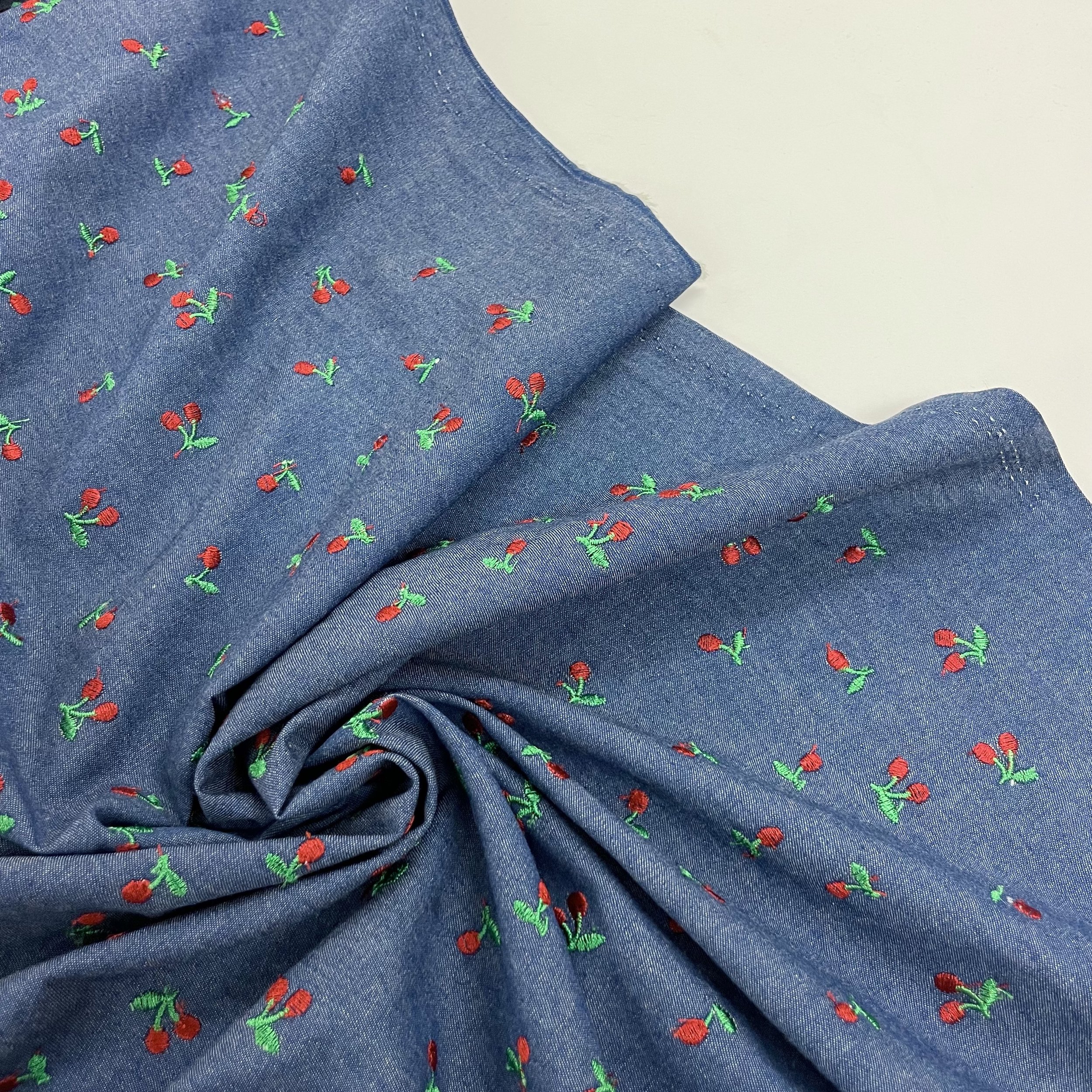 Hey Sew Sister - Sweet Cherry Chambray - Cherry Embroidered denim chambray fabric 3.jpeg