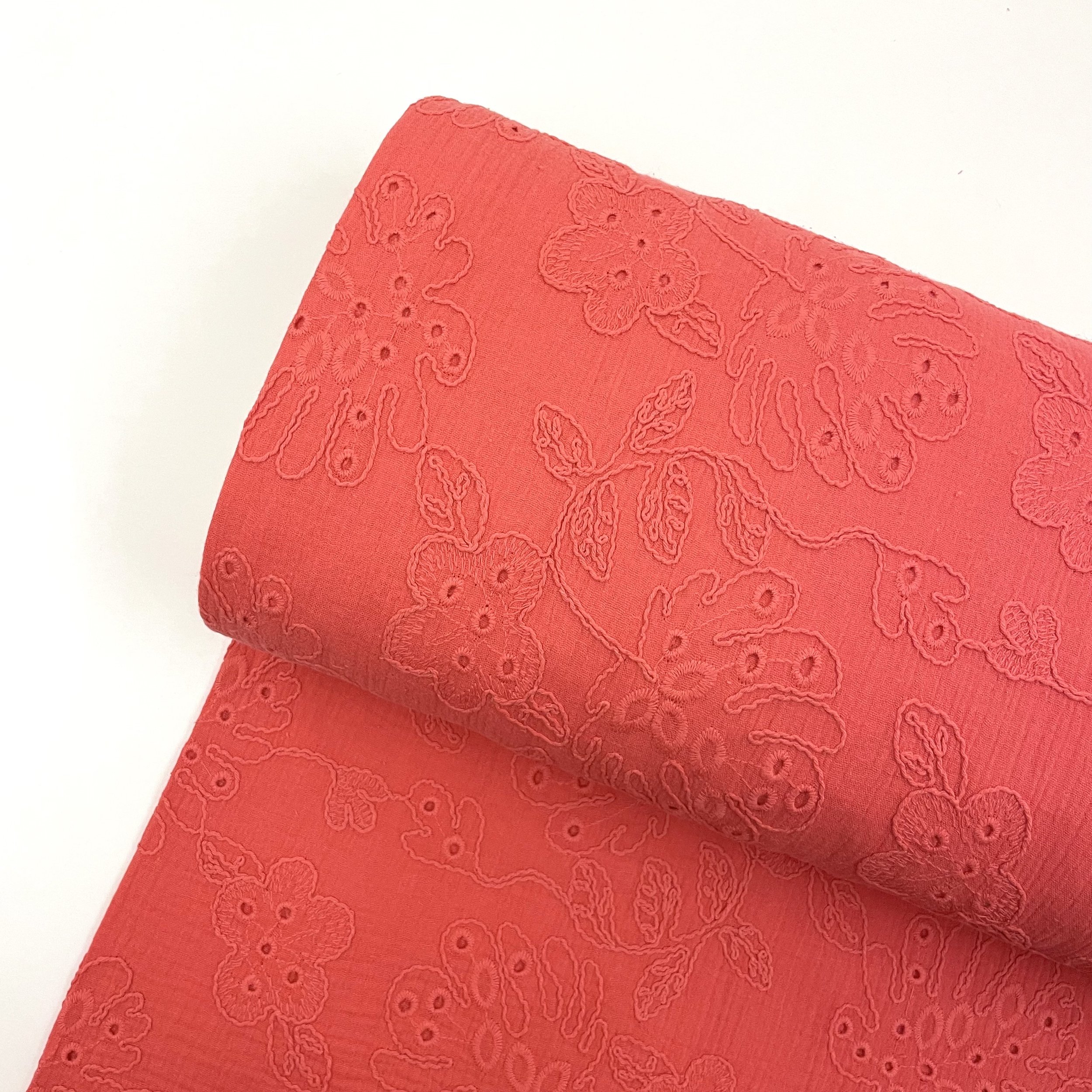 Hey Sew Sister - San Sebastian - Eyelet Embroidered Cotton Double Gauze Fabric - Coral 1.jpeg