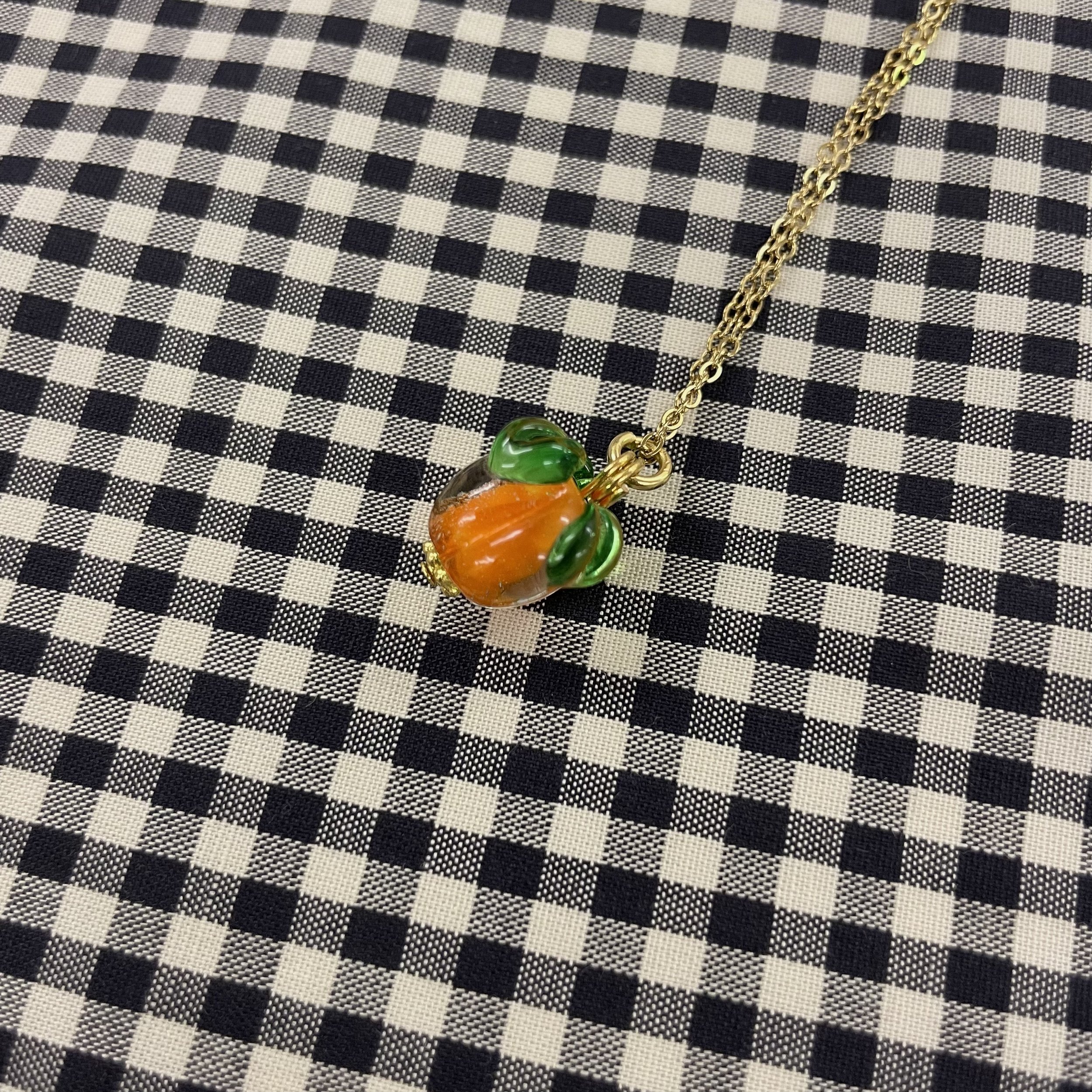 Hey Sew Sister - Orange Glass Lampwork Pendant Necklace Gold Chain 2.jpeg