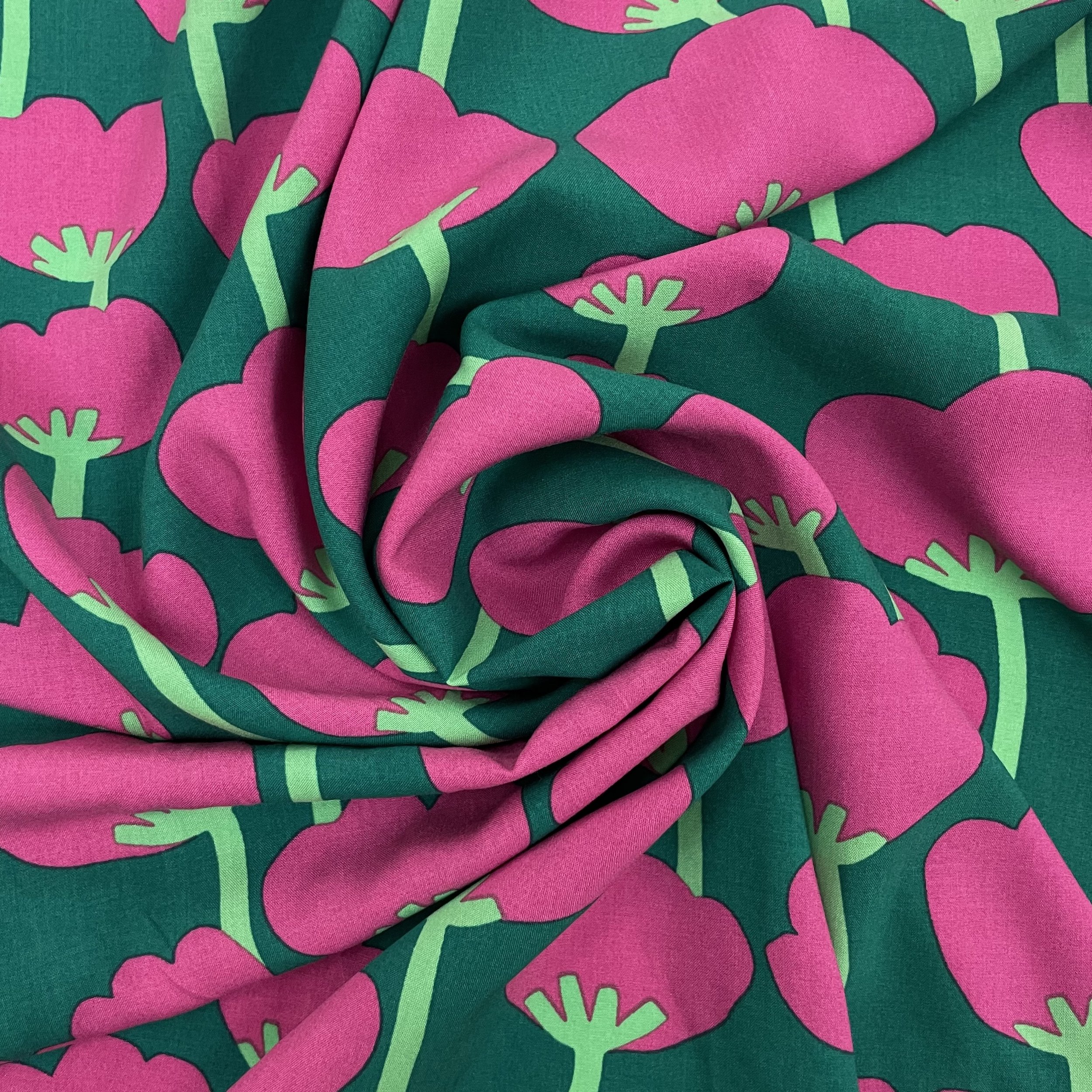 Hey Sew Sister - Nerida Hansen - Poppies - Lenzing EcoVero Viscose Lawn - Dark Green and Pink Graphic Floral Print Viscose Fabric 3.jpeg