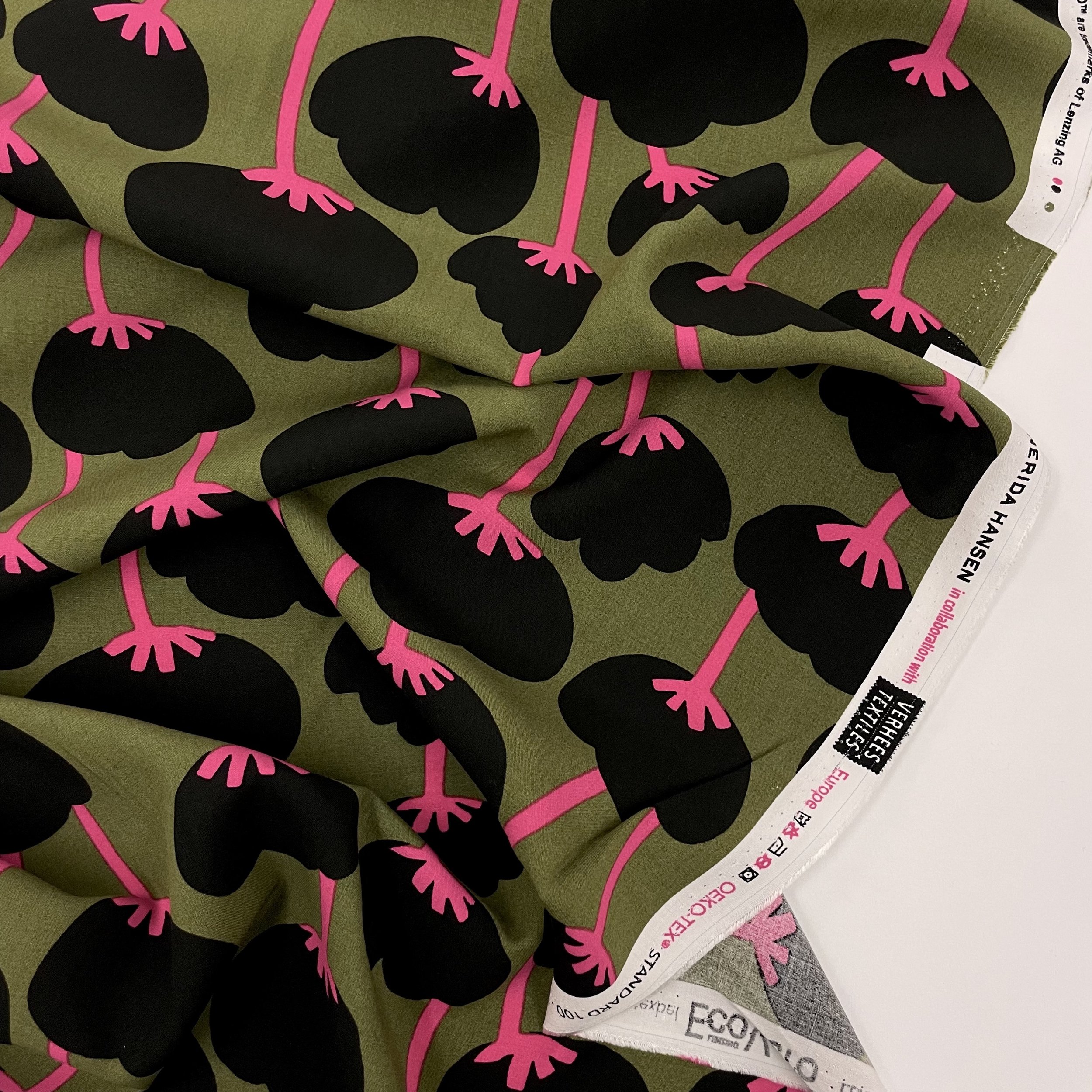 Hey Sew Sister - Nerida Hansen - Poppies - Lenzing EcoVero Viscose Lawn - Moss Green and Black Graphic Floral Print Viscose Fabric 2.jpeg