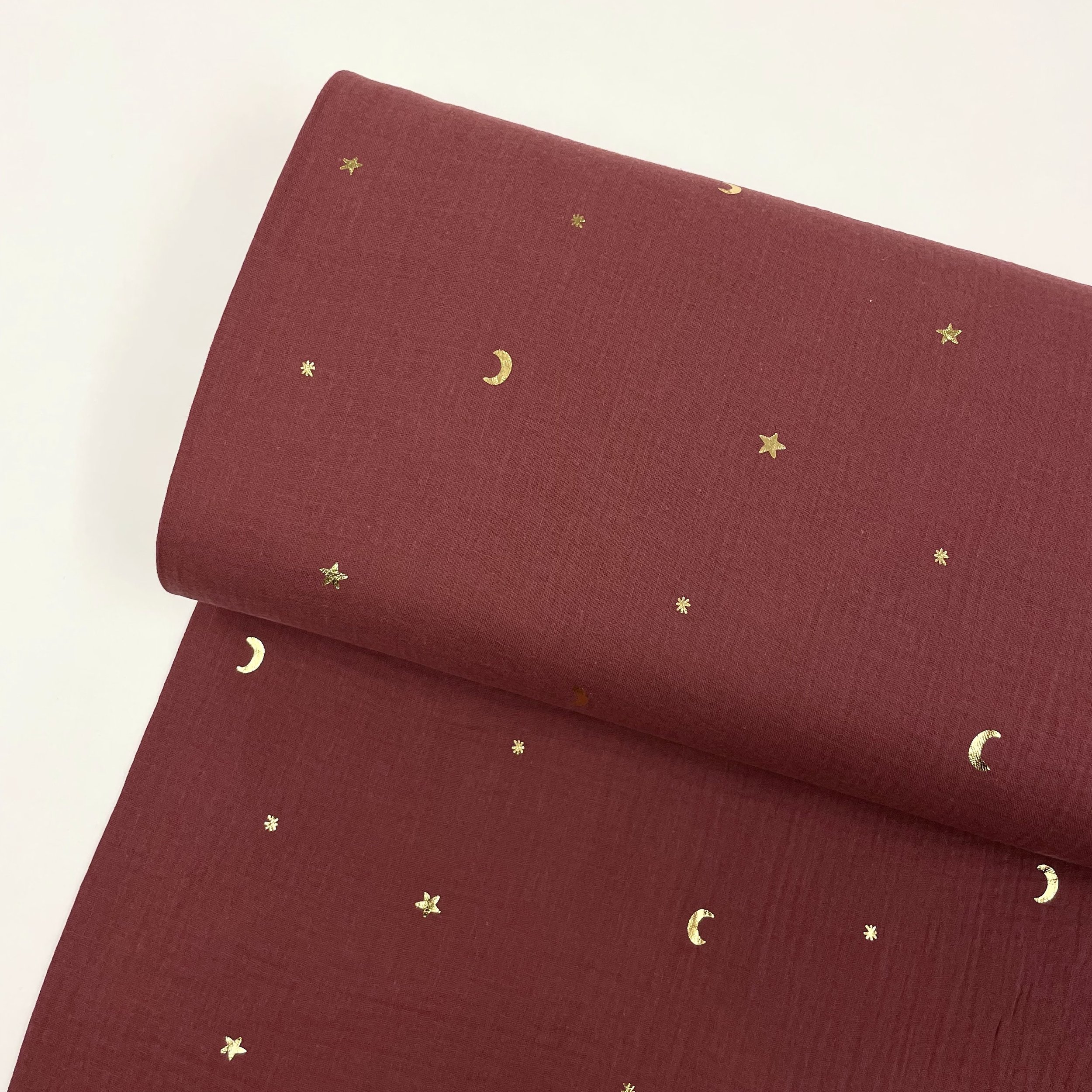 Hey Sew Sister - Night Sky - Autumnal Maple Red Cotton Double Gauze Fabric printed with gold foil moon and stars - Maple Red 1.jpeg